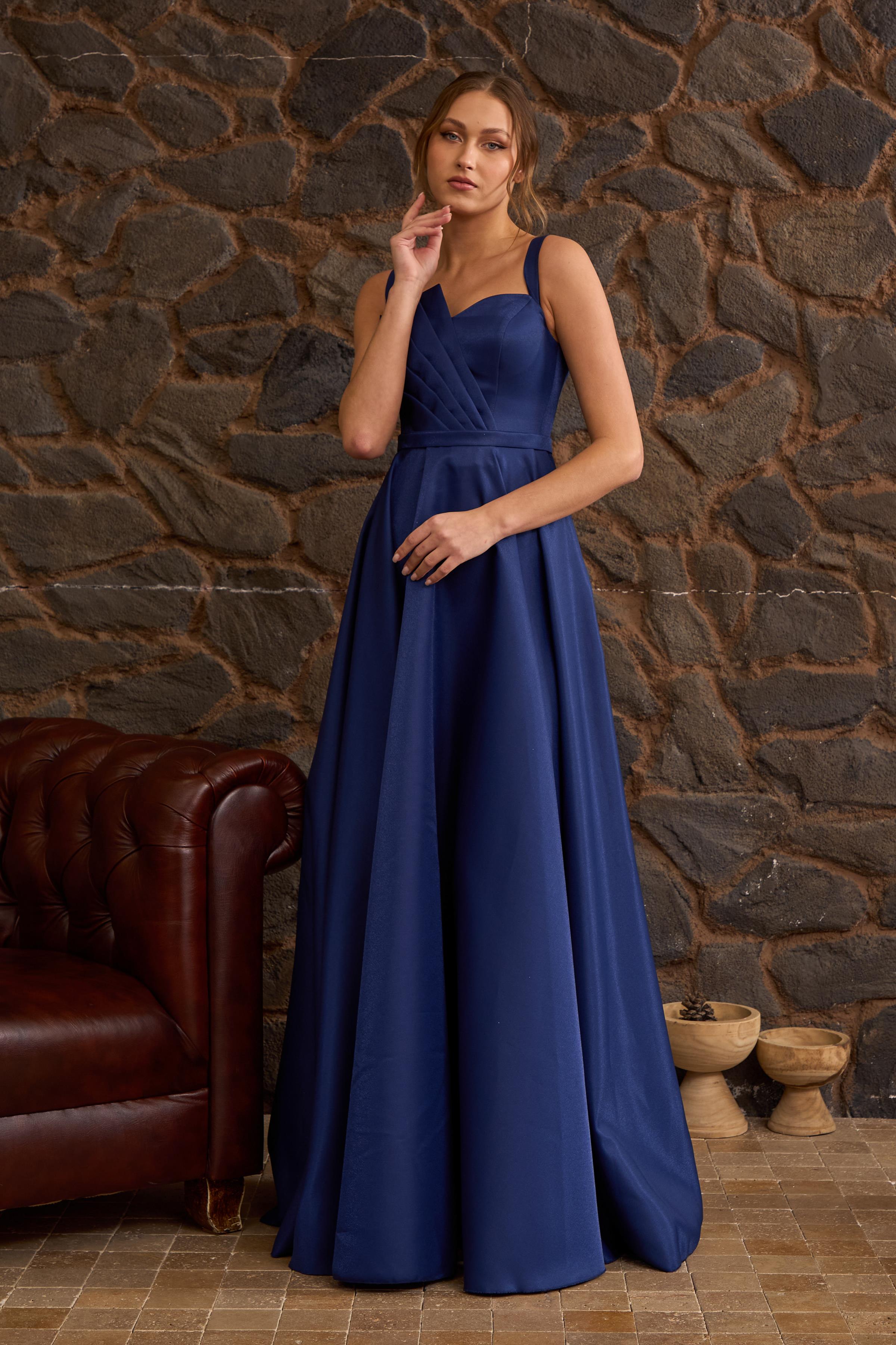 Lacivert Drape Detaylı Maxi Boy Saten Abiye ve Gece Elbisesi
