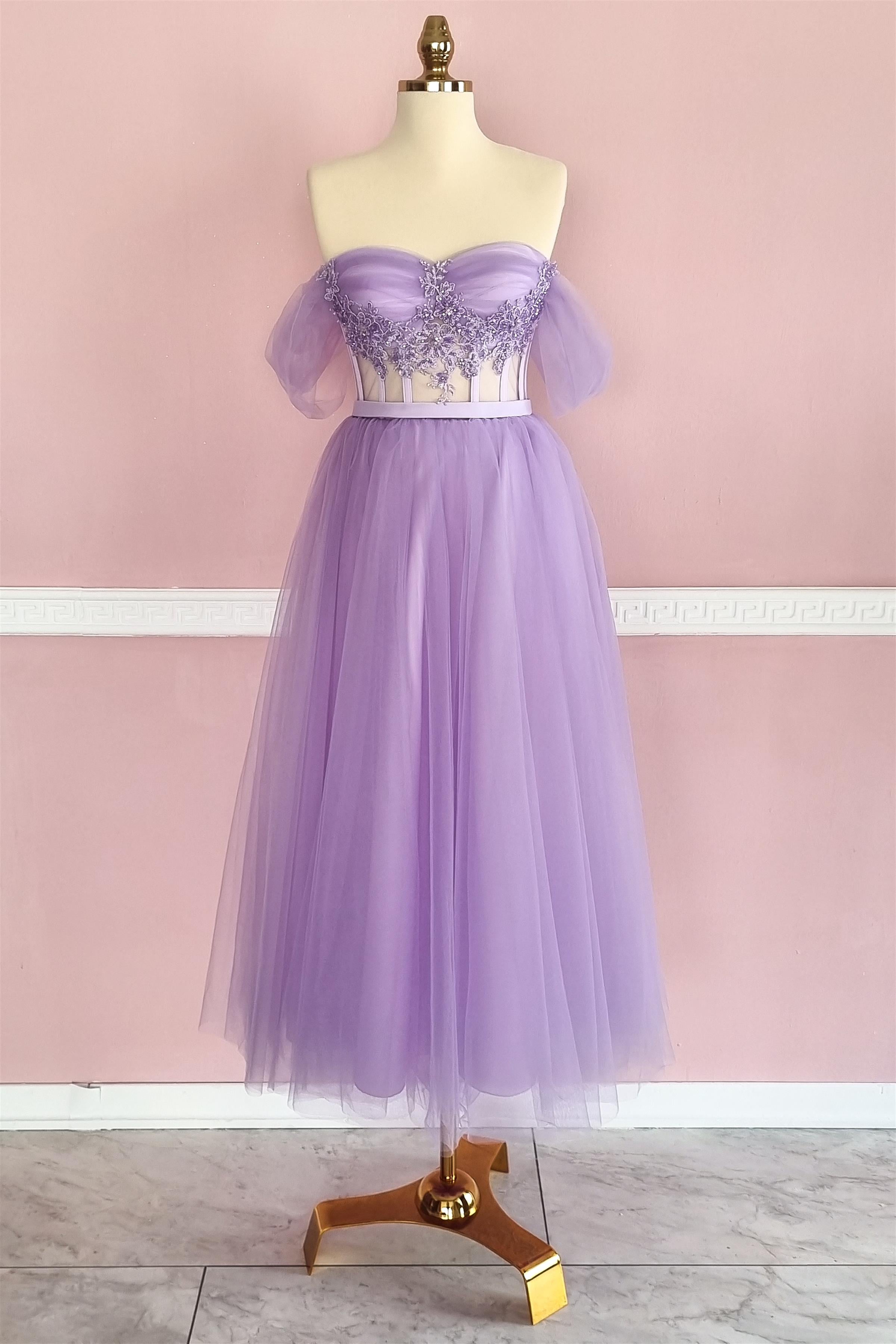 Lila Drapeli ve Dantel Detaylı Midi Boy Tül Abiye ve Gece Elbisesi