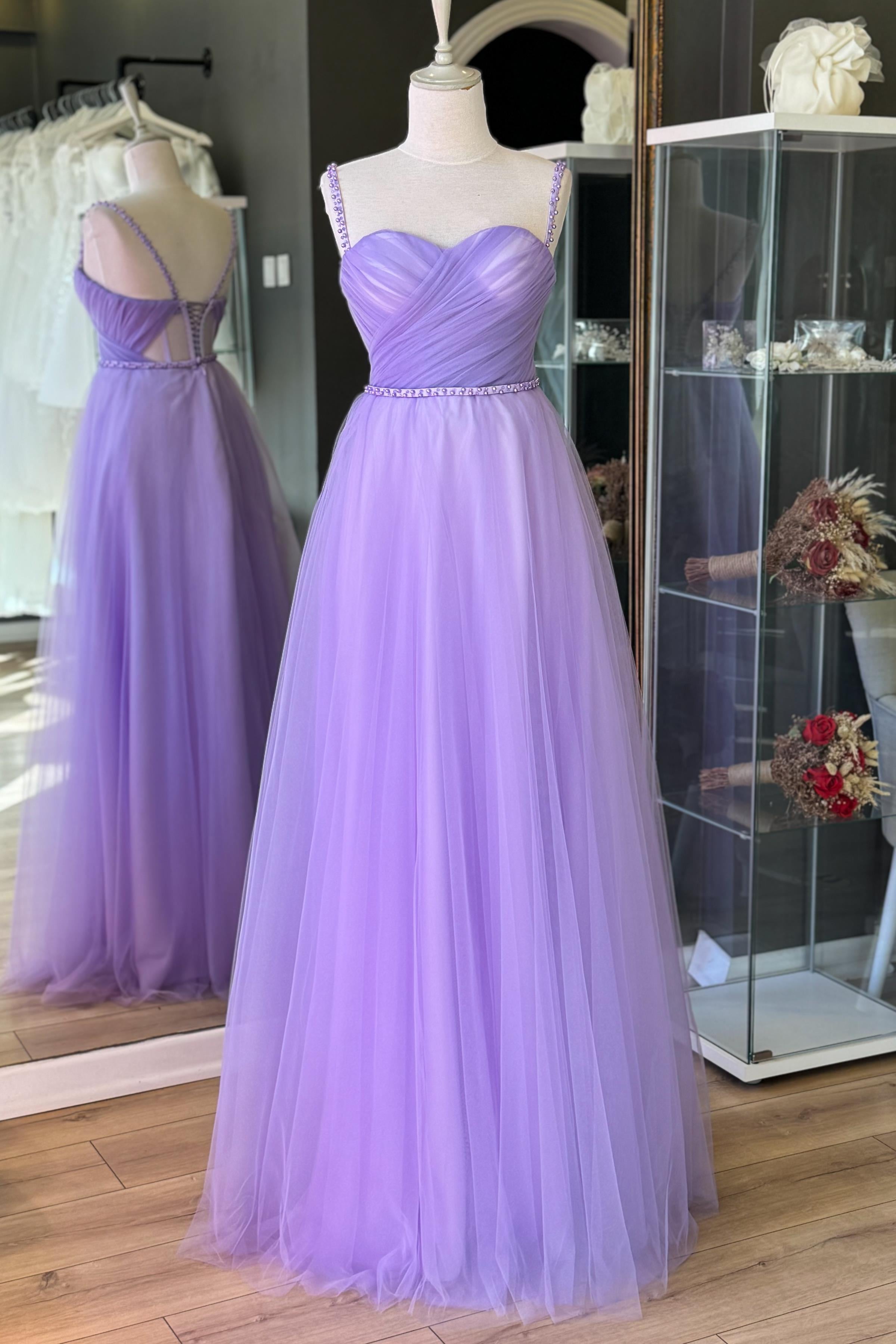 Lila Drapeli ve İnci Detaylı Tül Abiye ve Nikah Elbisesi