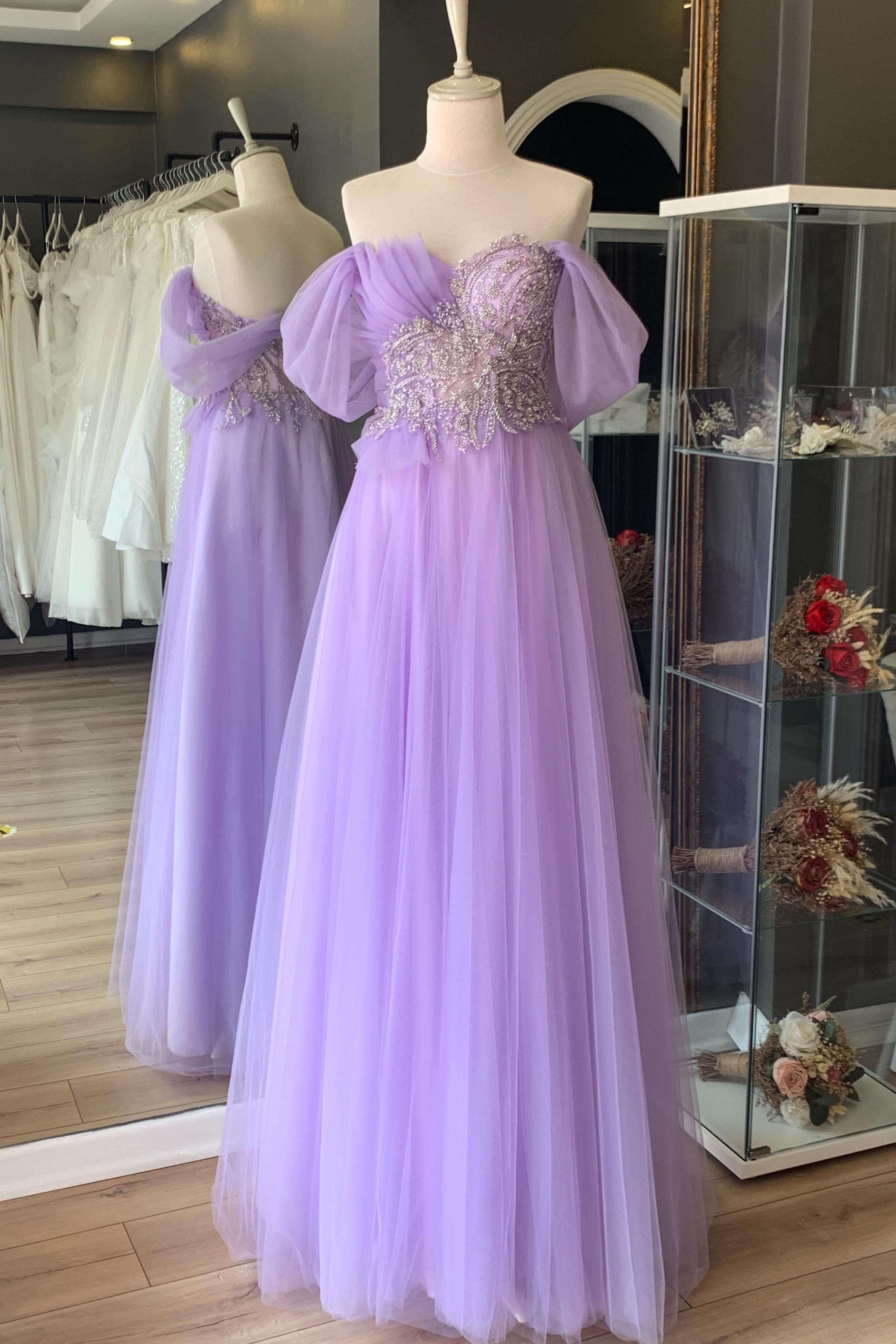 Lila Göğsü Drape Detaylı Abiye ve Gece Elbisesi