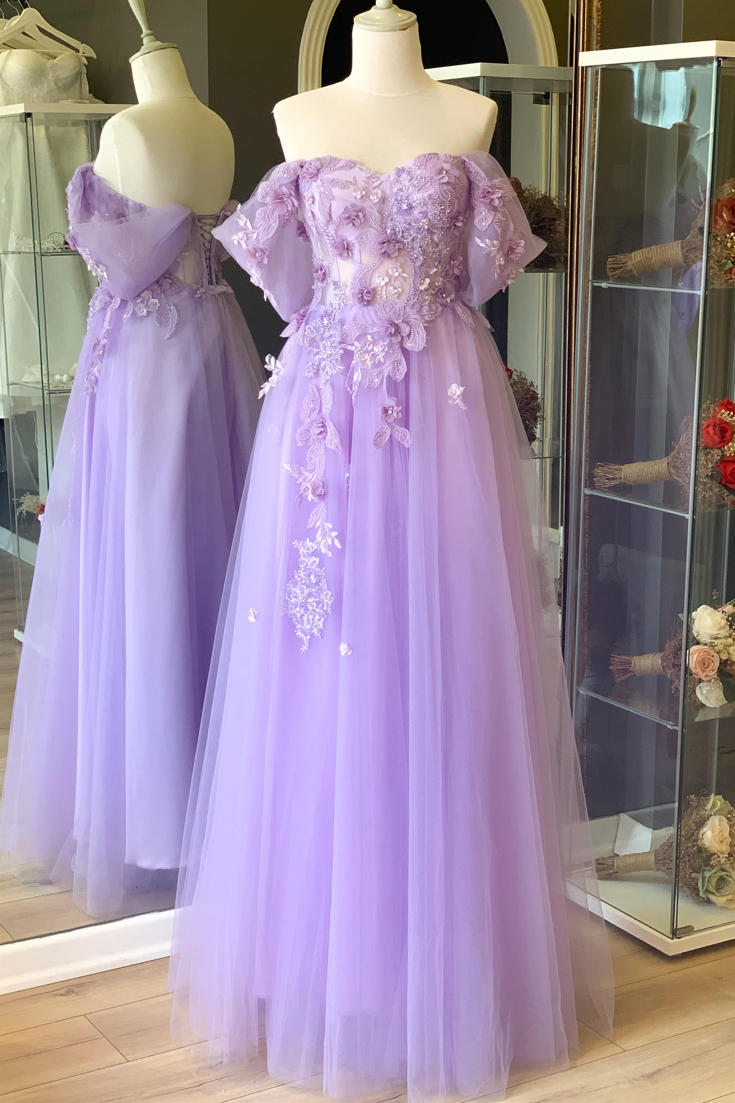 Lila İşlemeli Dantel ve Üç Boyutlu Dantel Kaplamalı Transparan Maxi Abiye/Gece Elbisesi