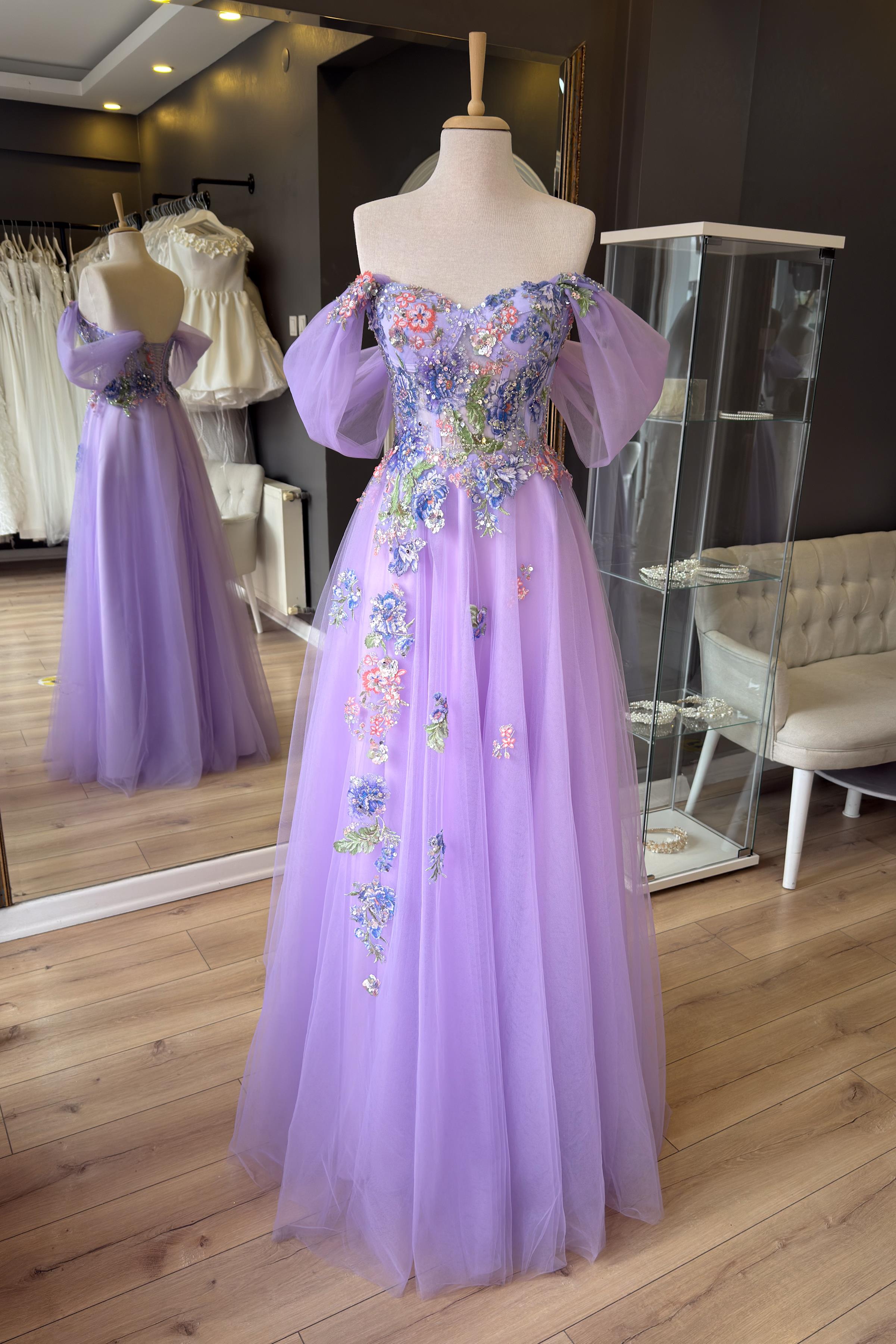 Lila Renkli Pullu Çiçek Desen Dantel Kaplama Maxi Boy Abiye ve Gece Elbise