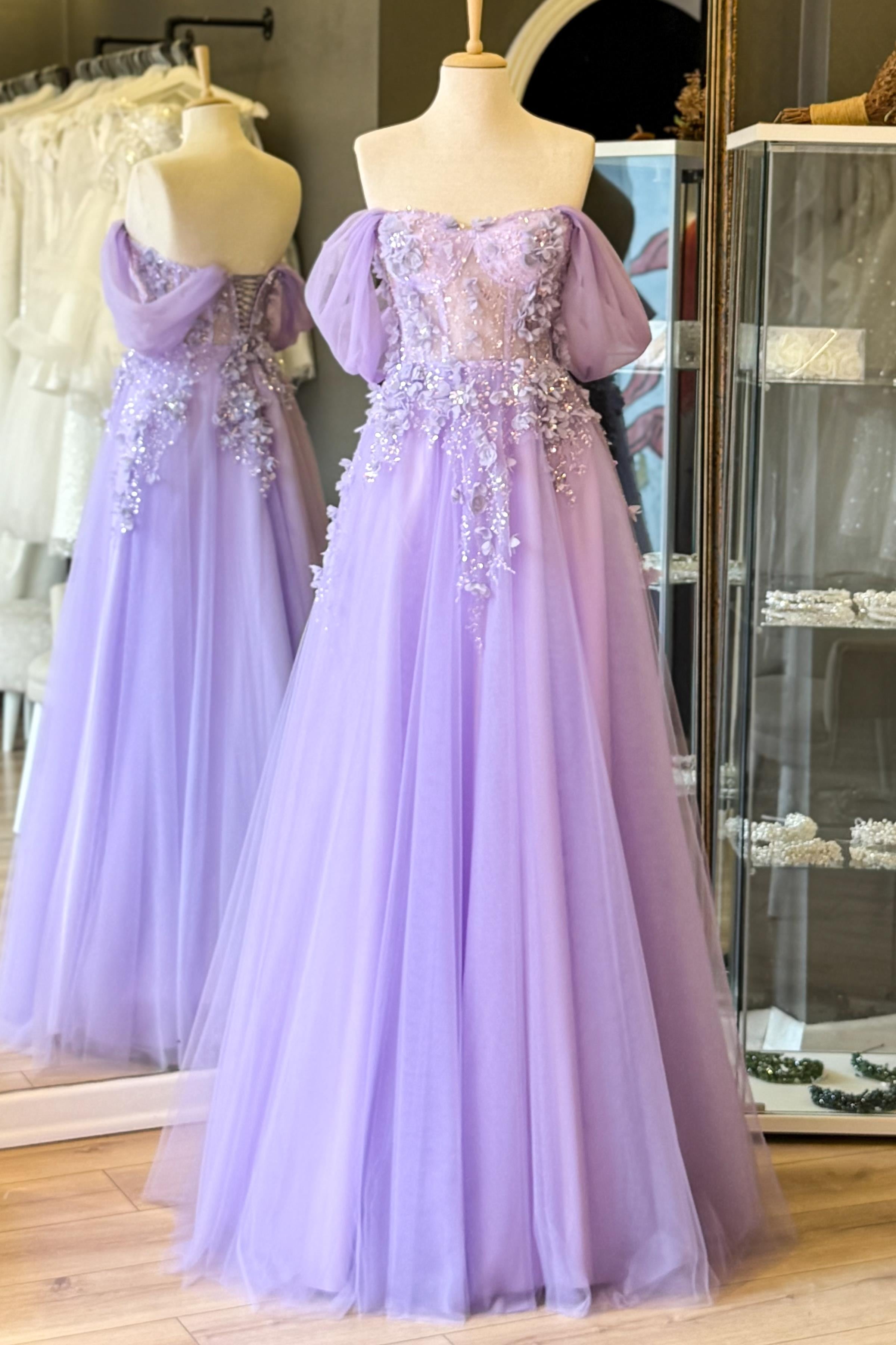 Lila Üç Boyutlu Dantel Detaylı Maxi Boy Abiye ve Nişan Elbisesi