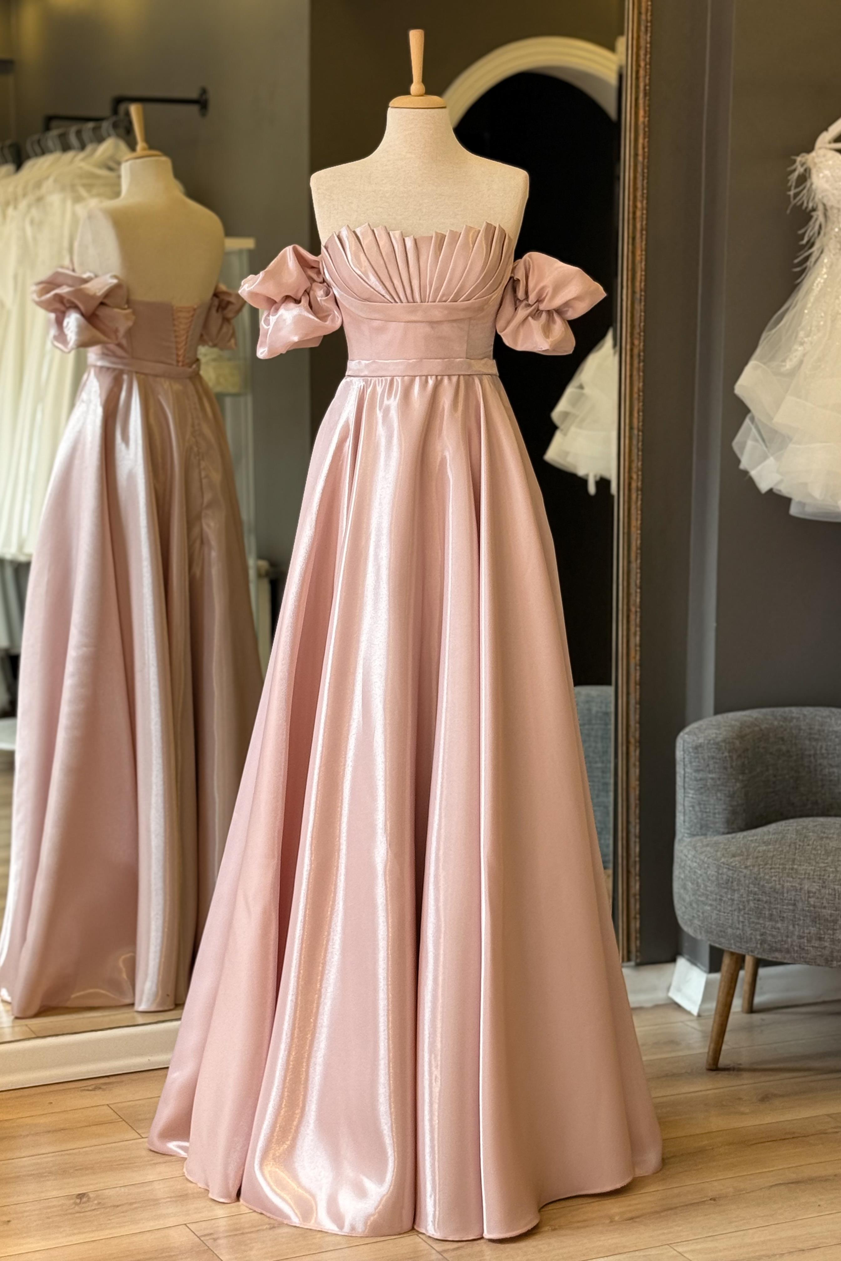 Pudra Göğüs Drape Detaylı Maxi Boy Lizbon Saten Abiye ve Gece Elbisesi