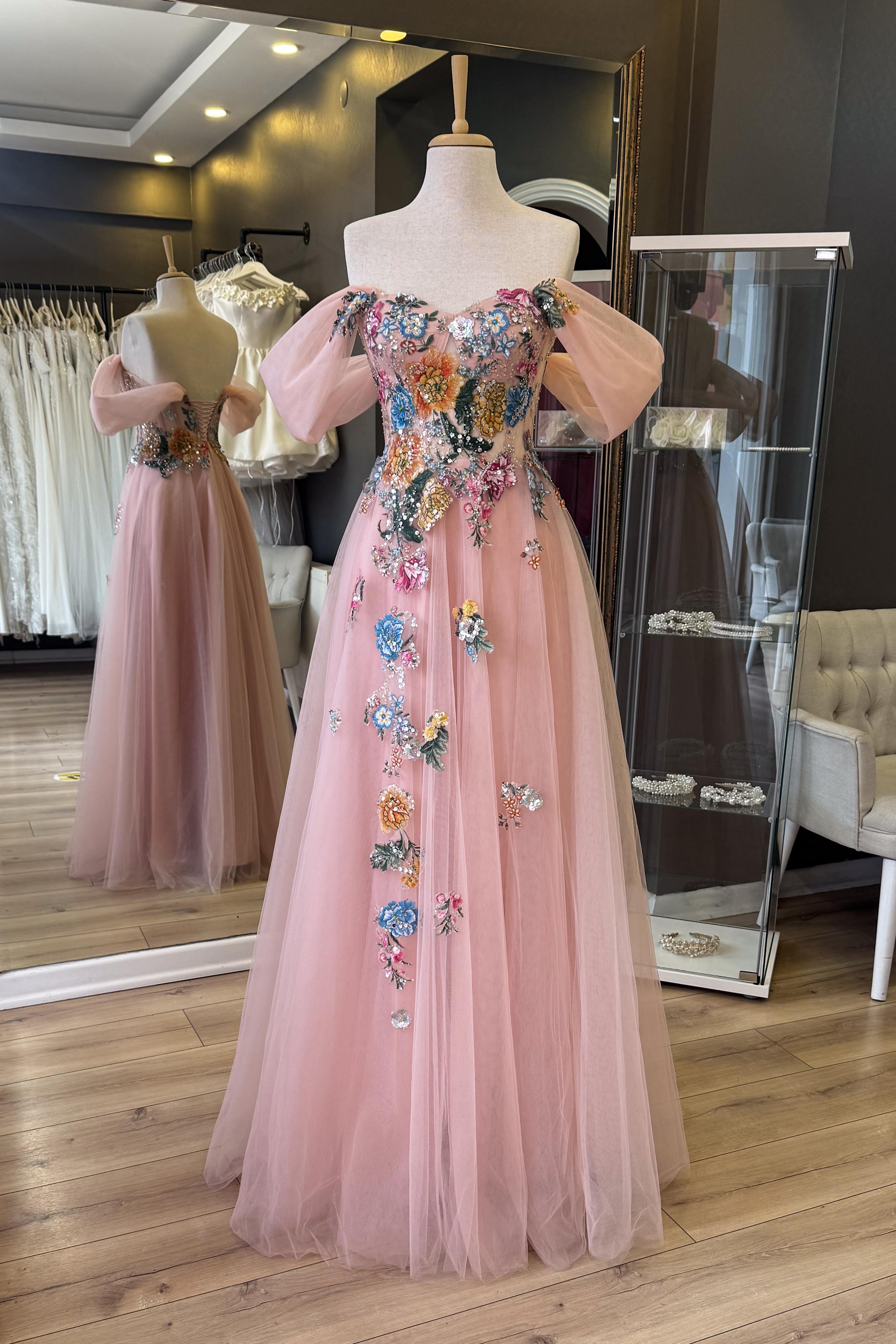 Pudra Pullu Çiçek Desen Dantel Kaplama Maxi Boy Abiye ve Gece Elbise