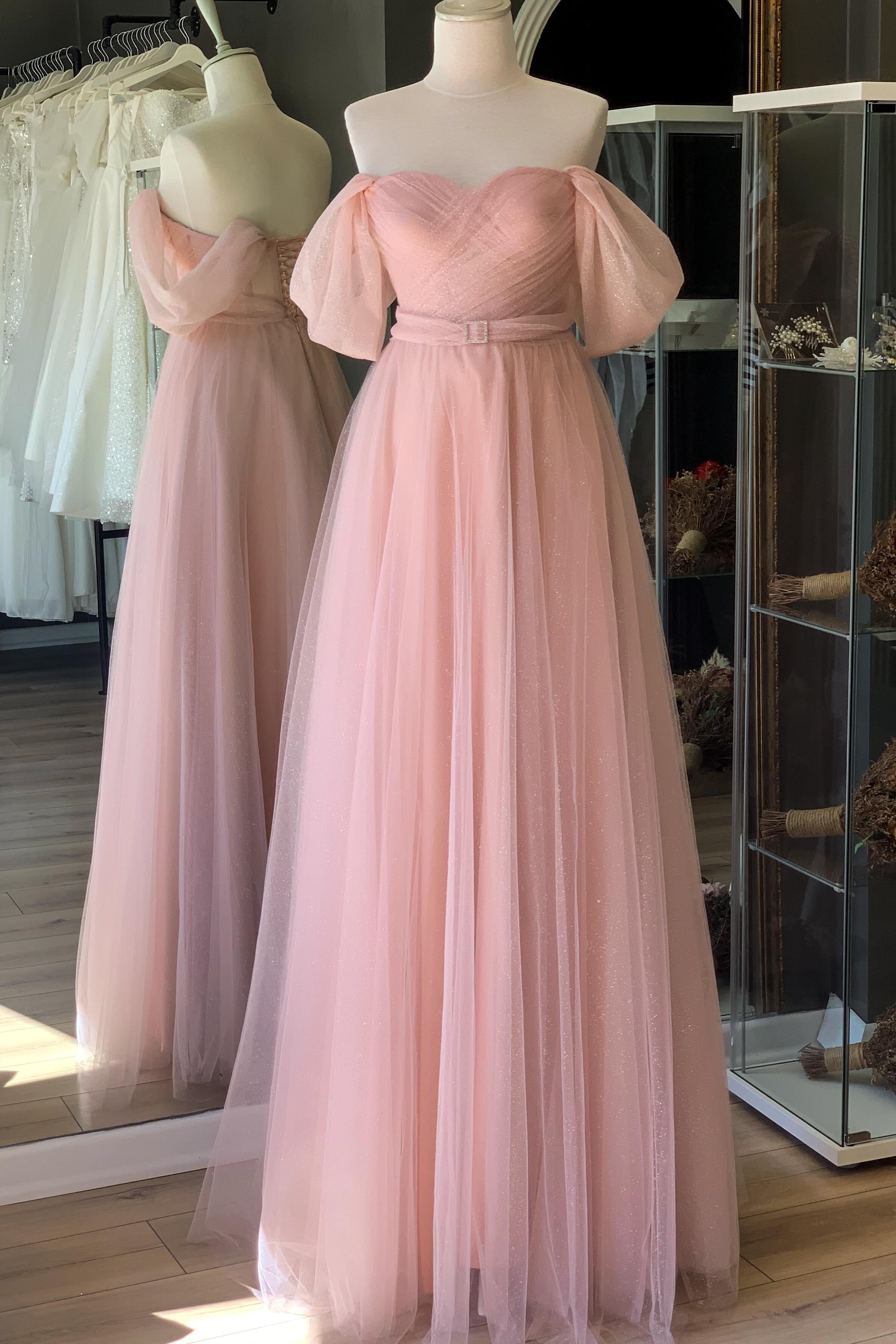 Pudra Simli Drapeli Maxi Kemer Detaylı Transparan Abiye ve Gece Elbisesi
