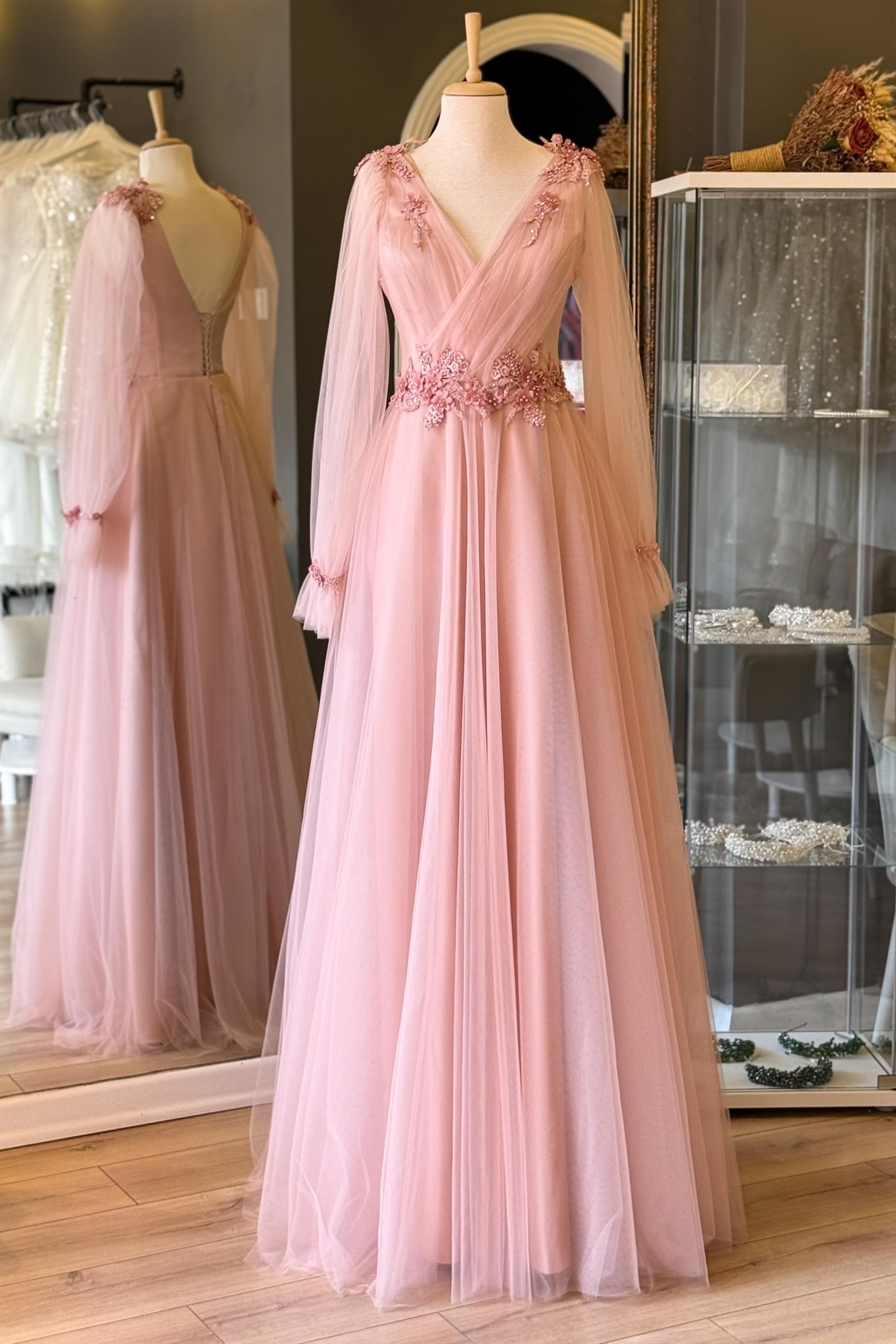 Pudra Üç Boyutlu Aplik Detaylı Tül Kollu Maxi Boy Abiye ve Gece Elbisesi