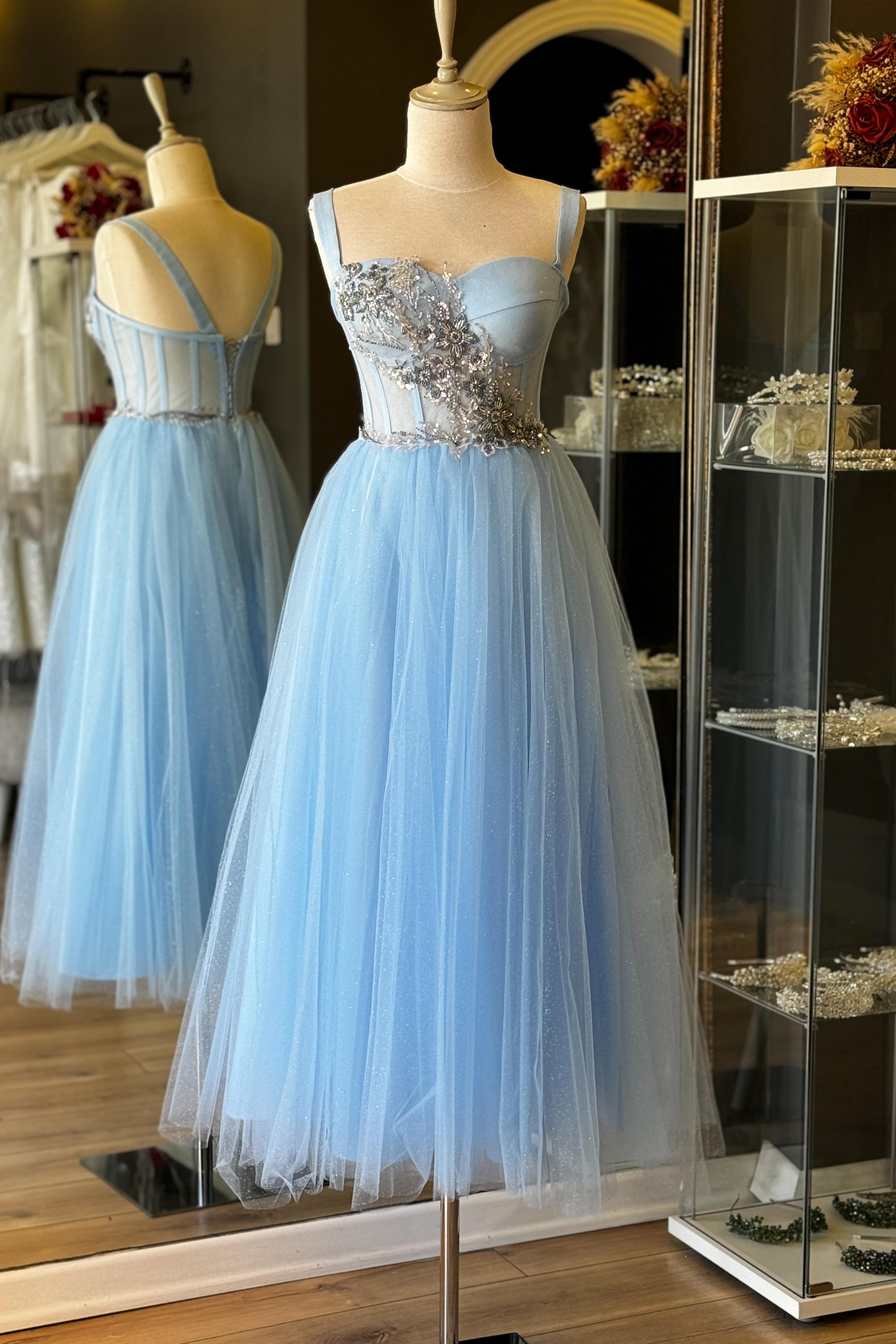 Simli Buz Mavi Midi Boy Dantelli Transparan Abiye ve Gece Elbisesi