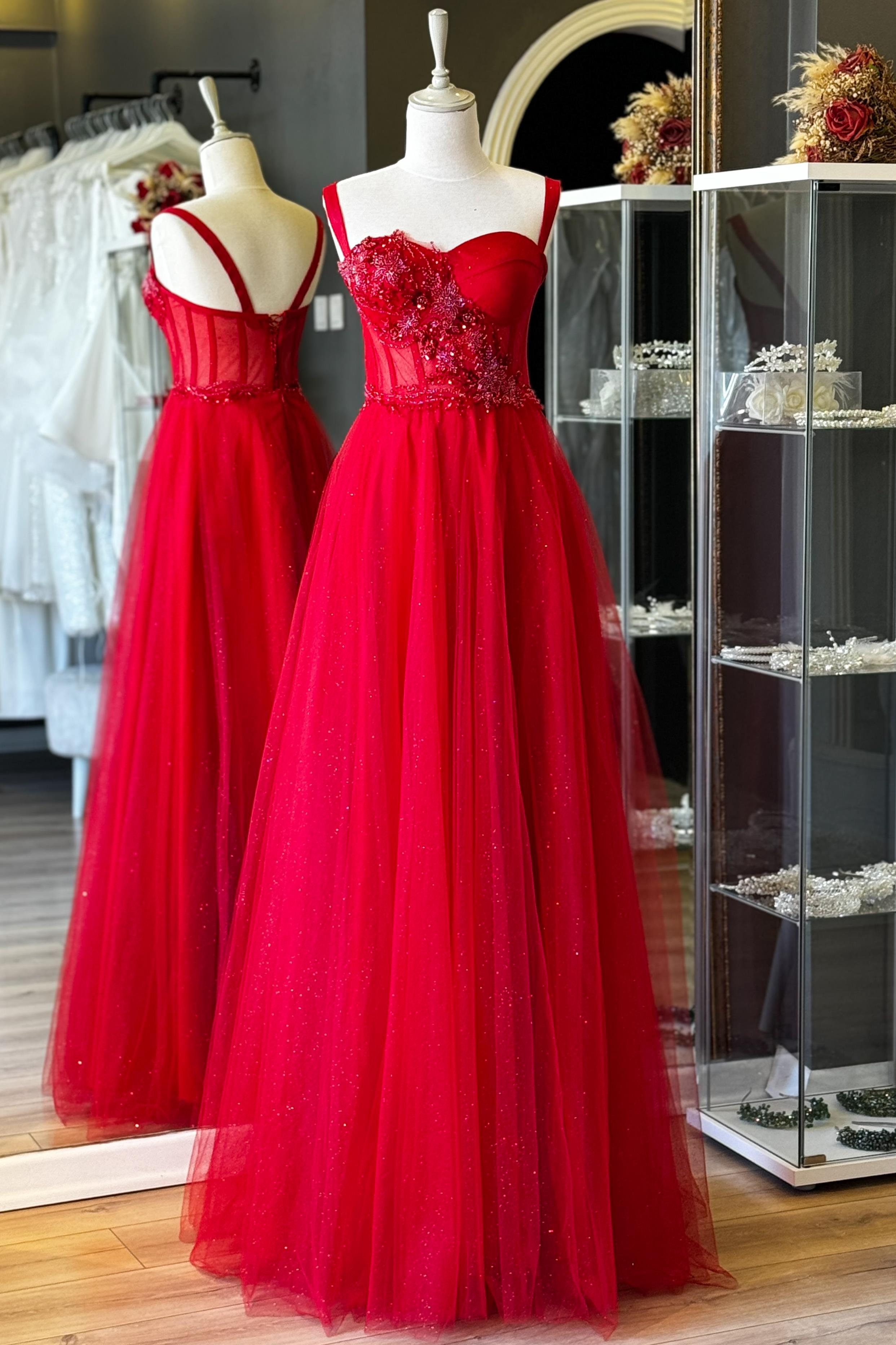 Simli Kırmızı Maxi Boy Dantelli Transparan Abiye ve Gece Elbisesi