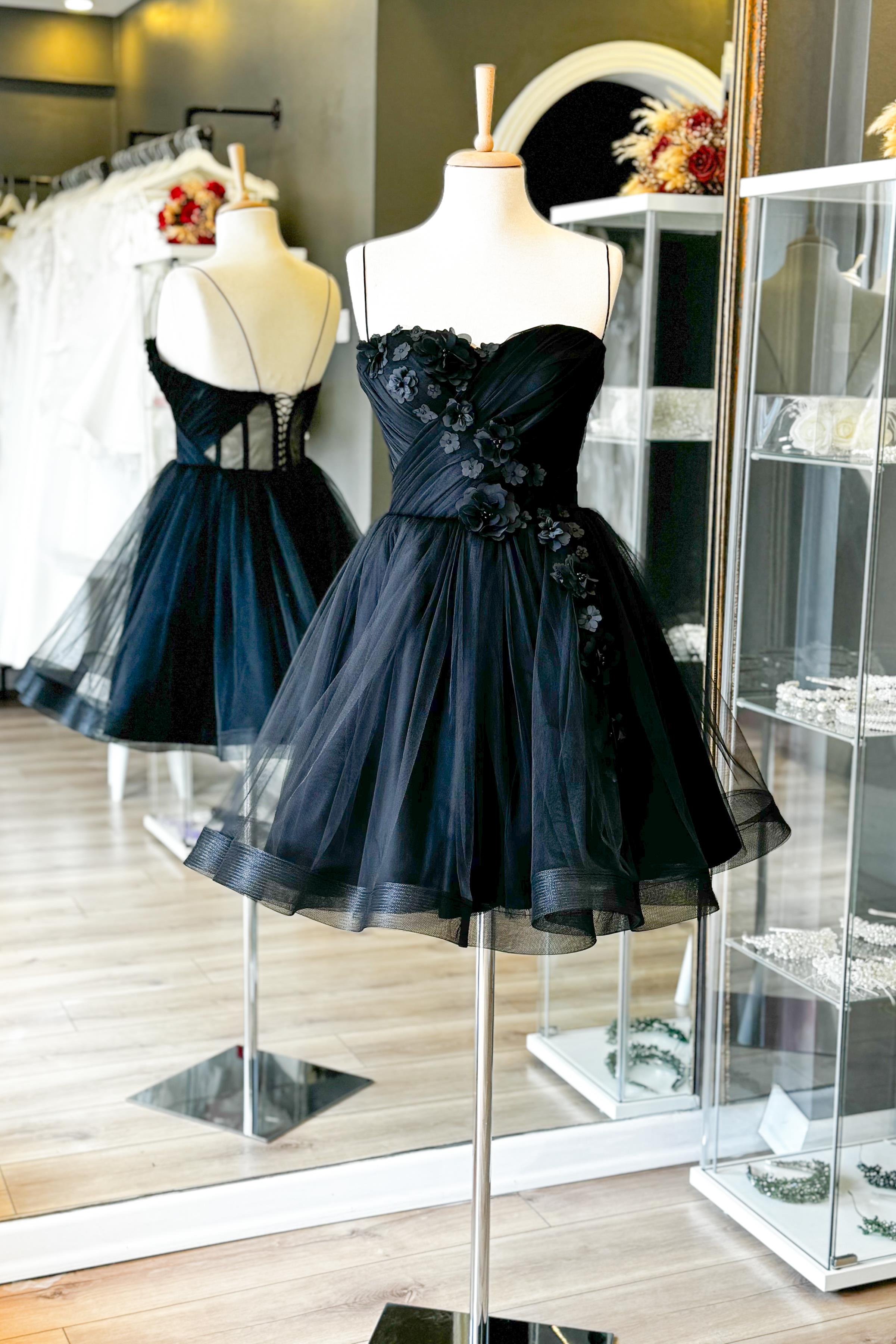 Siyah Drapeli Üç Boyutlu Çiçekli Gren Etek Mini Gece ve Parti Elbisesi