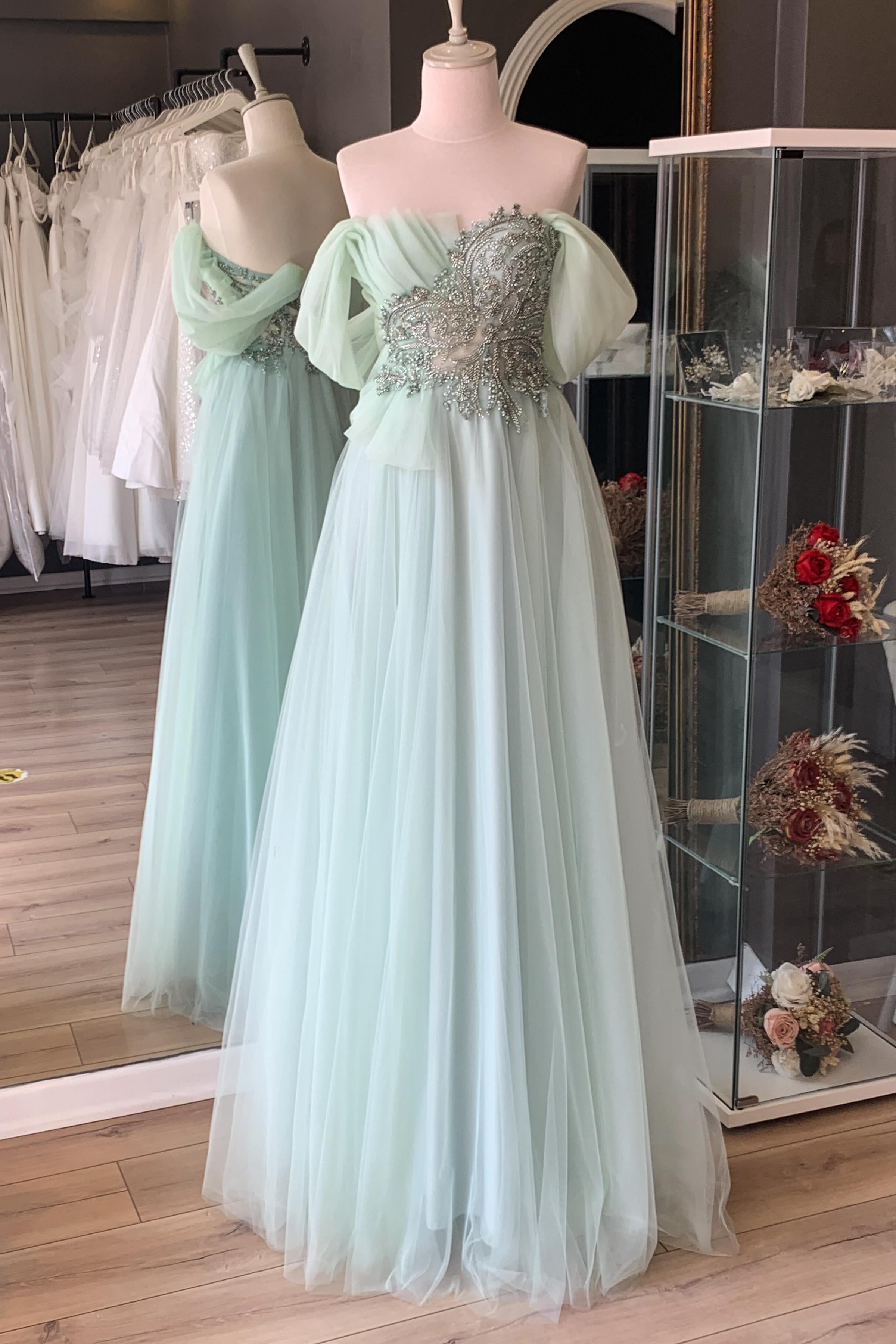 Su Yeşili Göğsü Drape Detaylı Abiye ve Gece Elbisesi