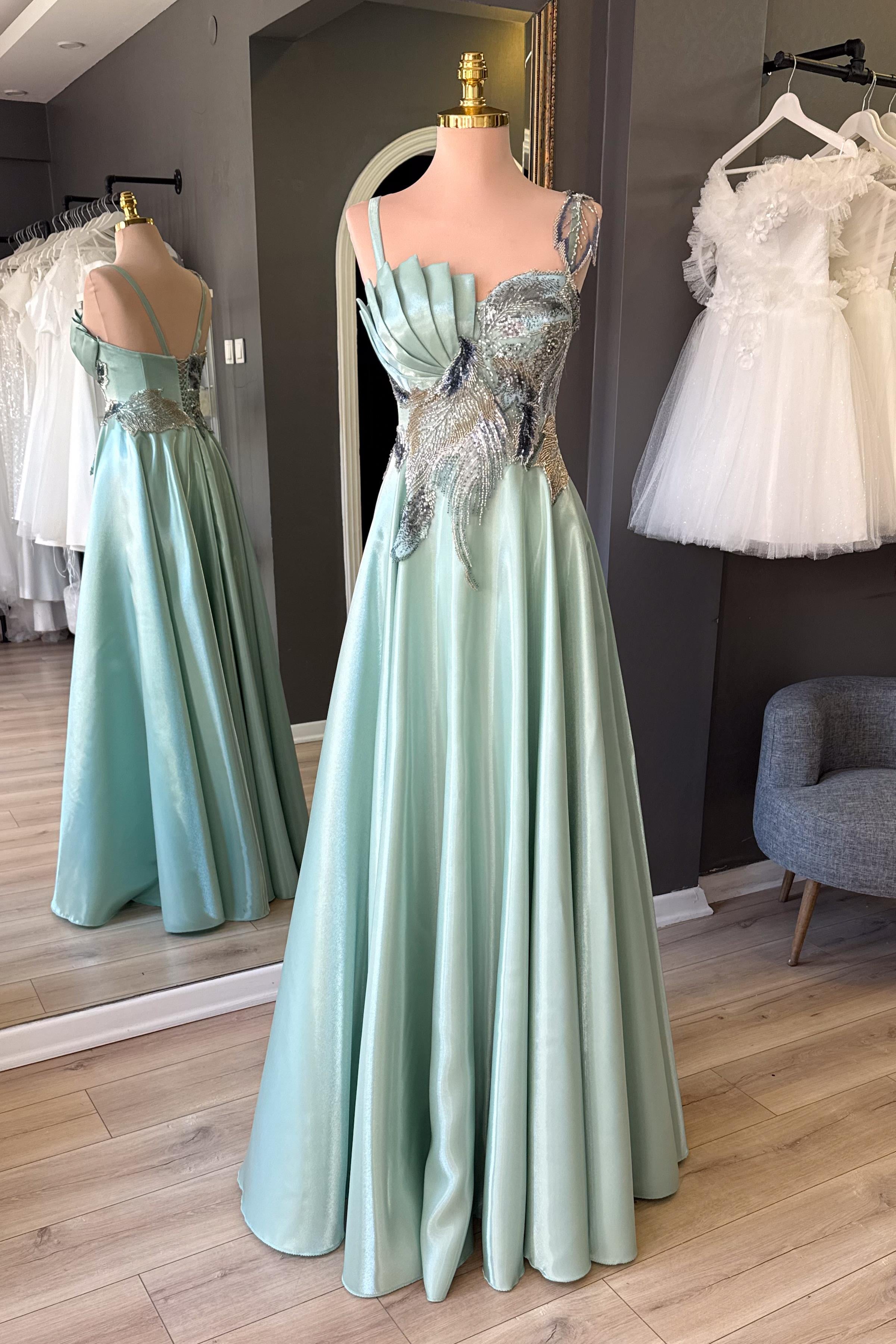 Su Yeşili Parlak Saten Drape ve Dantel Detaylı Maxi Abiye ve Gece Elbisesi