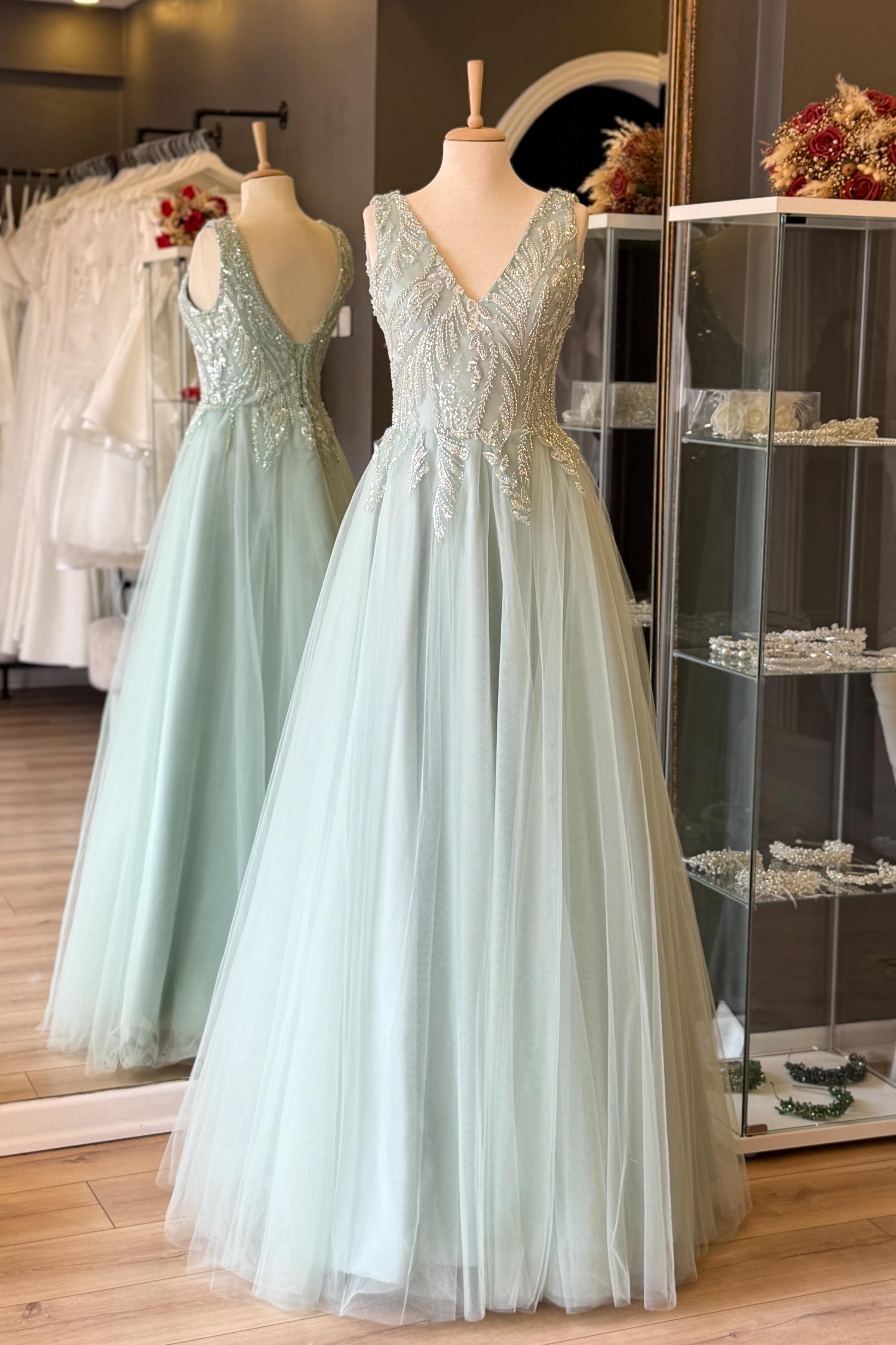 Su Yeşili V Yaka Yaprak Desen Dantel Detaylı Maxi Boy Abiye ve Nikah Elbisesi