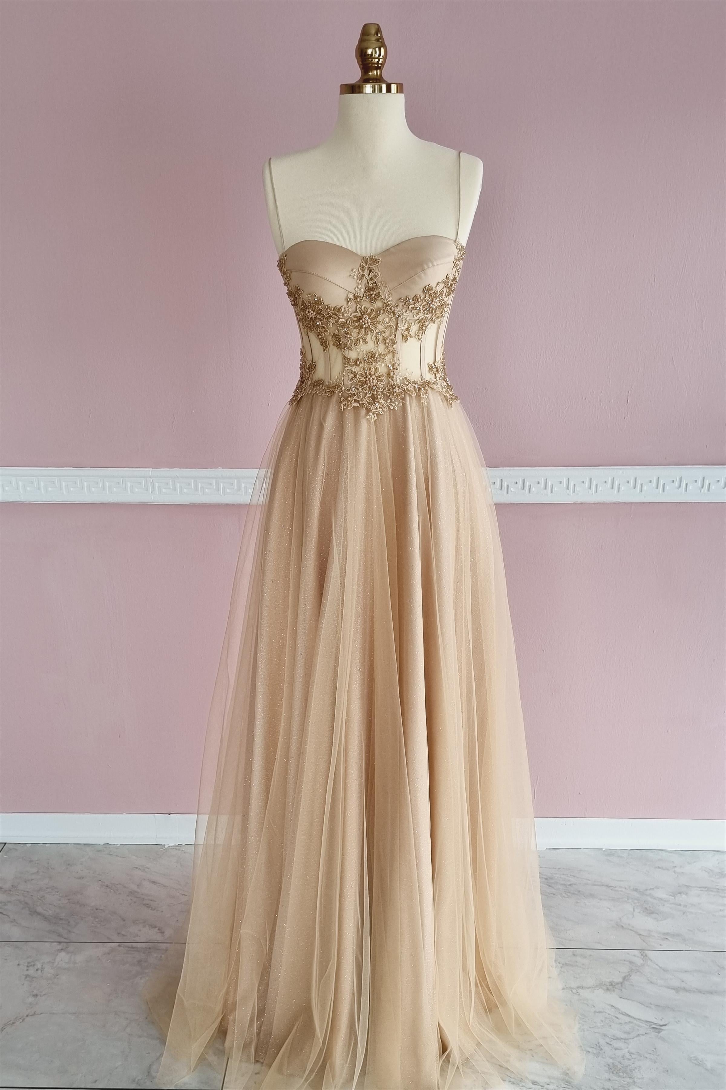 Ten Rengi Transparan Kristal İşlemeli Dantel Detaylı Simli Abiye Ve Nikah Elbise