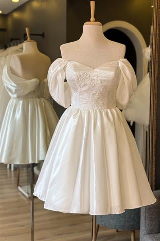 Beyaz Brokar Büstiyer Detaylı Mini Saten Abiye ve Gece Elbisesi