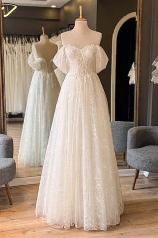 Beyaz İşlemeli Dantel Detaylı Simli Lez Gelinlik ve Nikah Elbisesi