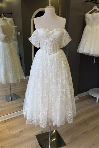 Beyaz Lez Dantel Midi Boy Abiye ve Nikah Elbisesi
