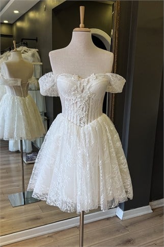 Beyaz Lez Dantel Mini After Parti ve Nikah Elbisesi