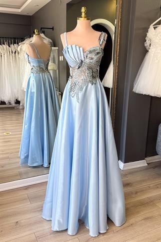 Buz Mavi Parlak Saten Drape ve Dantel Detaylı Maxi Abiye ve Gece Elbisesi