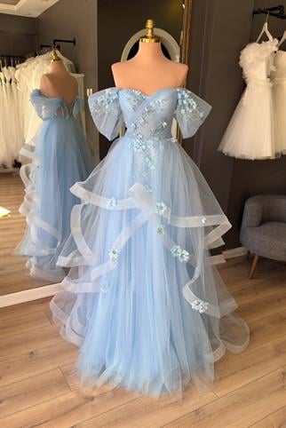 Buz Mavi Simli Gren Etekli ve Üç Boyutlu Dantel Detaylı Abiye ve Nişan Elbisesi
