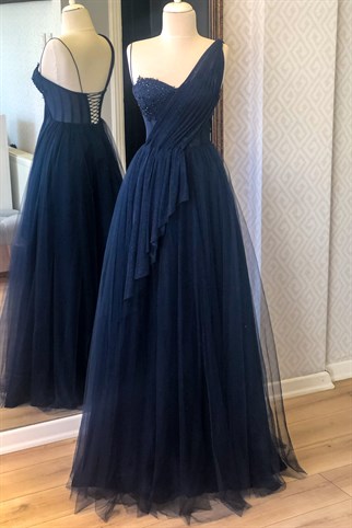 Drape Detaylı Simli Lacivert Abiye ve Gece Elbisesi 
