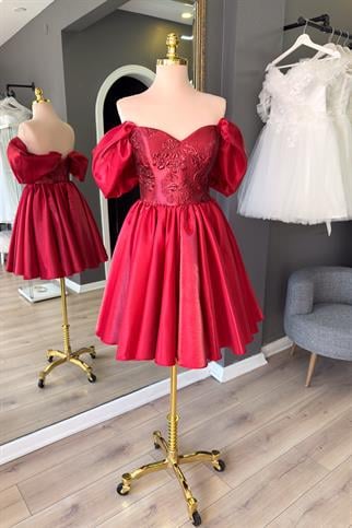 Kırmızı Brokar Büstiyer Detaylı Mini Saten Abiye ve Gece Elbisesi
