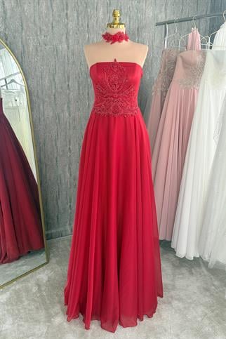 Kırmızı Düz Yaka Şifon Abiye ve Nikah Elbisesi