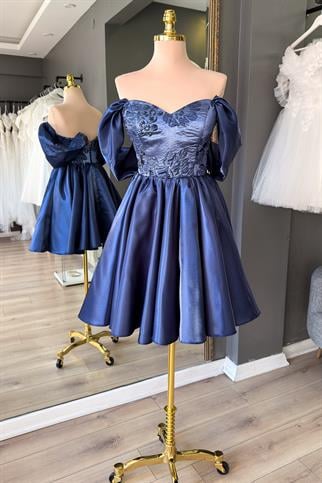 Lacivert Brokar Büstiyer Detaylı Mini Saten Abiye ve Gece Elbisesi