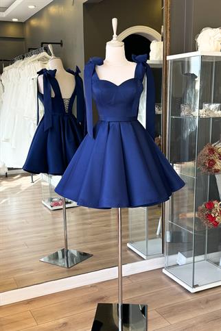 Lacivert Omuzdan Bağlamalı Mini Saten Abiye ve Gece Elbisesi