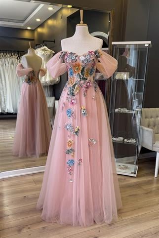 Pudra Pullu Çiçek Desen Dantel Kaplama Maxi Boy Abiye ve Gece Elbise