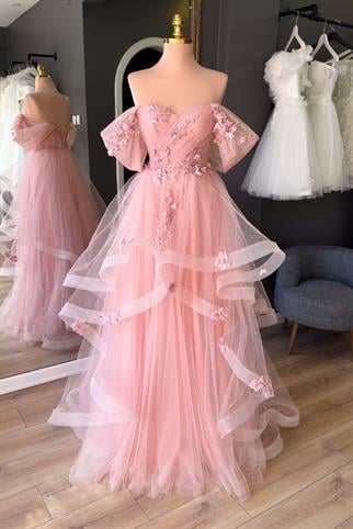 Pudra Simli Gren Etekli ve Üç Boyutlu Dantel Detaylı Abiye ve Nişan Elbisesi