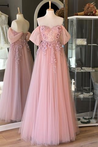 Pudra Üç Boyutlu Dantel Detaylı Maxi Boy Abiye ve Nişan Elbisesi