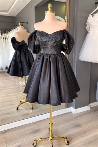 Siyah Brokar Büstiyer Detaylı Mini Saten Abiye ve Gece Elbisesi