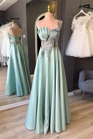 Su Yeşili Parlak Saten Drape ve Dantel Detaylı Maxi Abiye ve Gece Elbisesi