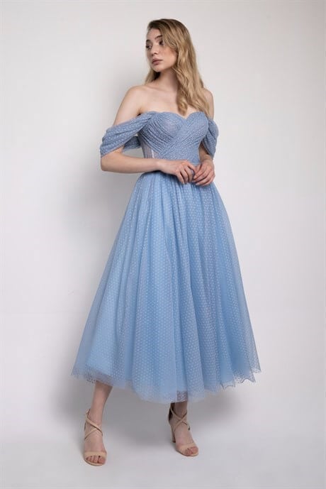 Ice Blue Polka Dot Midi Evening Dress