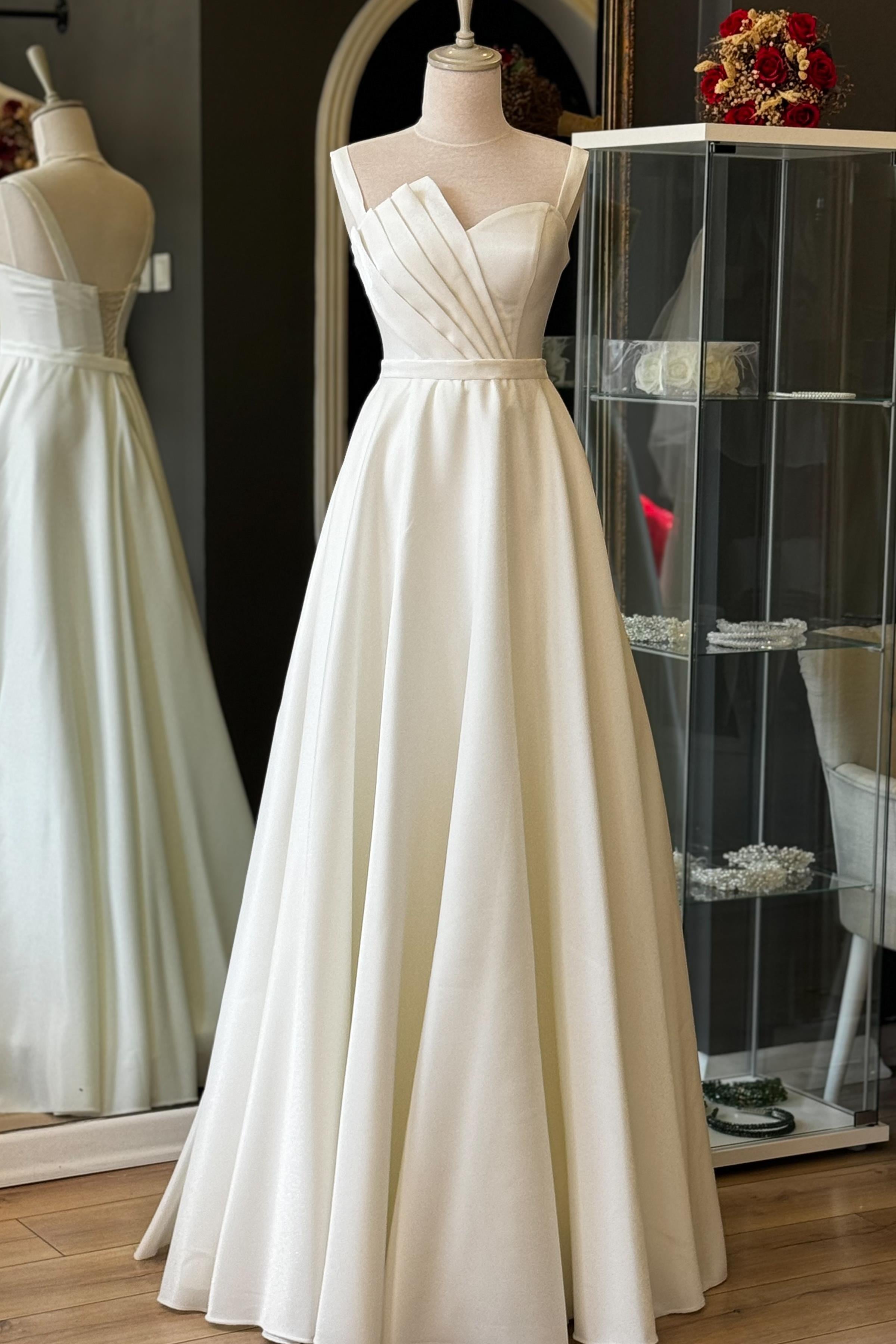 Beyaz Drape Detaylı Maxi Boy Saten Abiye ve Gece Elbisesi