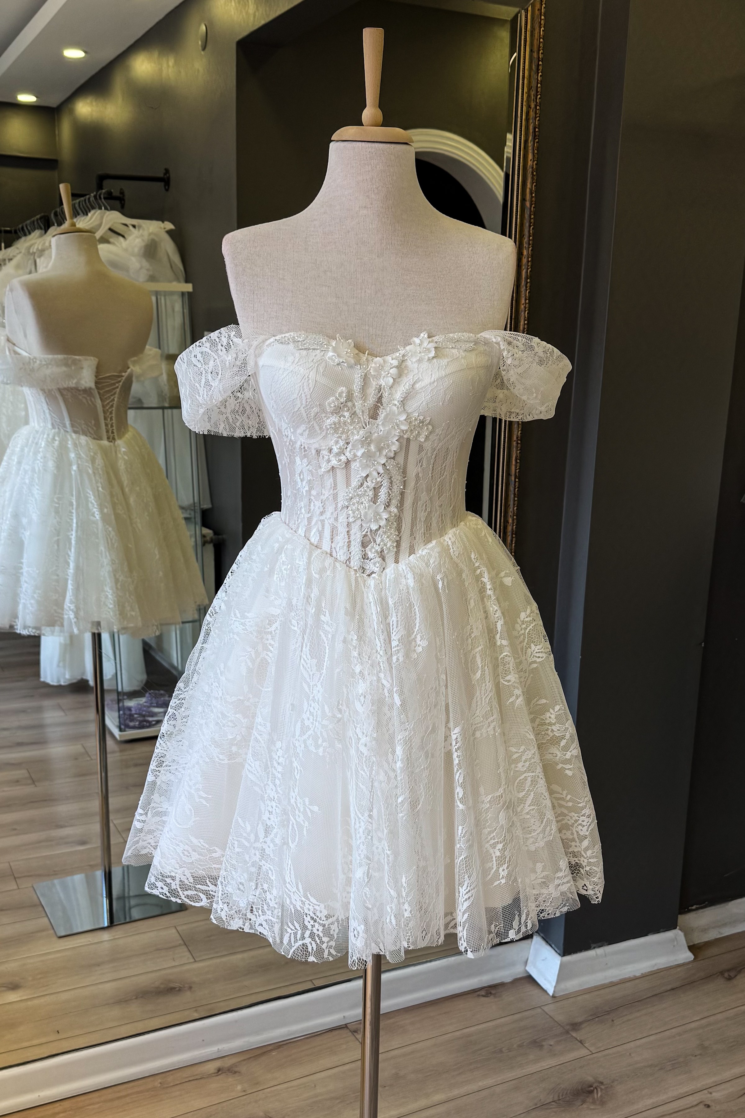 Beyaz Lez Dantel Mini After Parti ve Nikah Elbisesi
