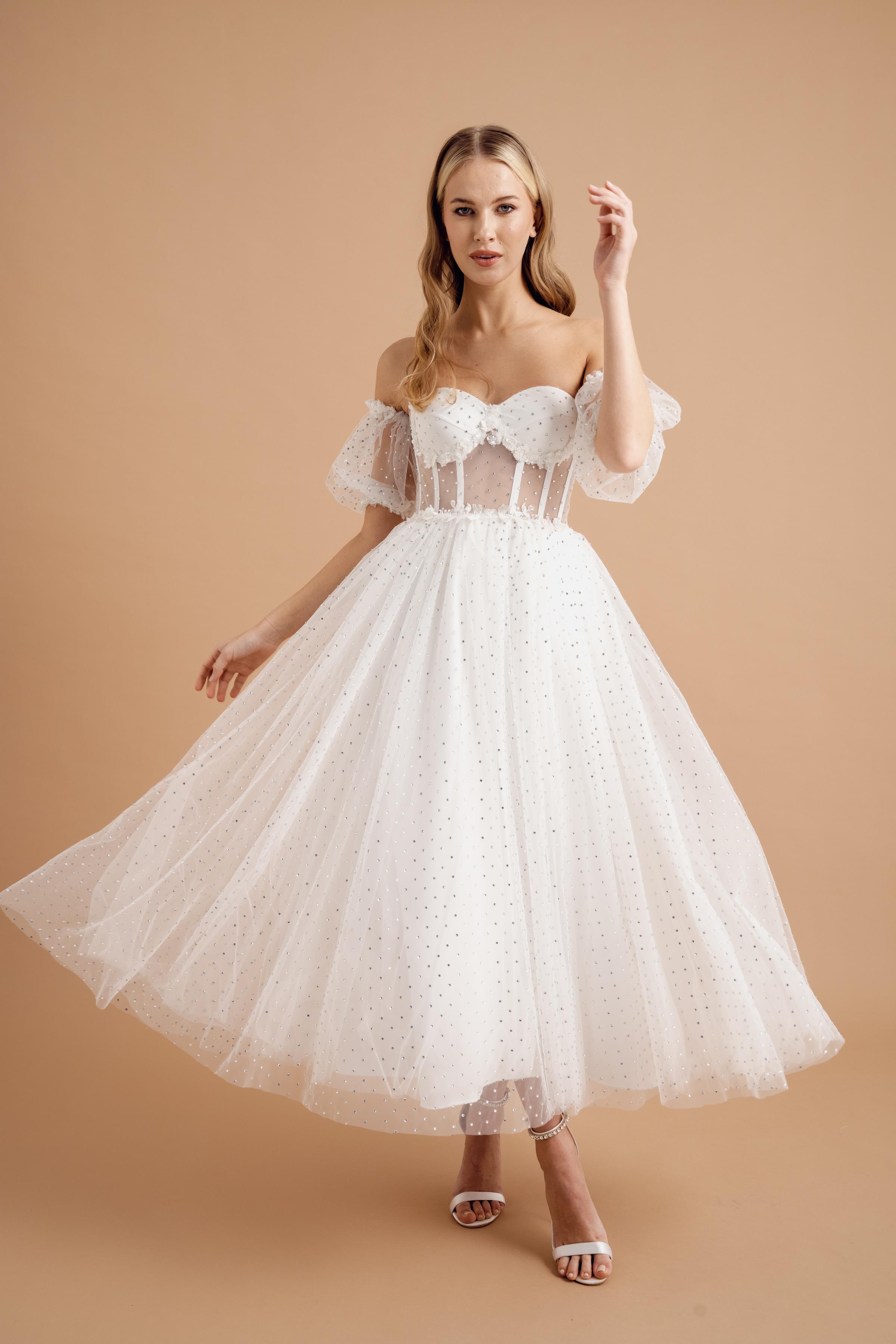 Lenta Moda White Midi Strapless Evening and Wedding Dress