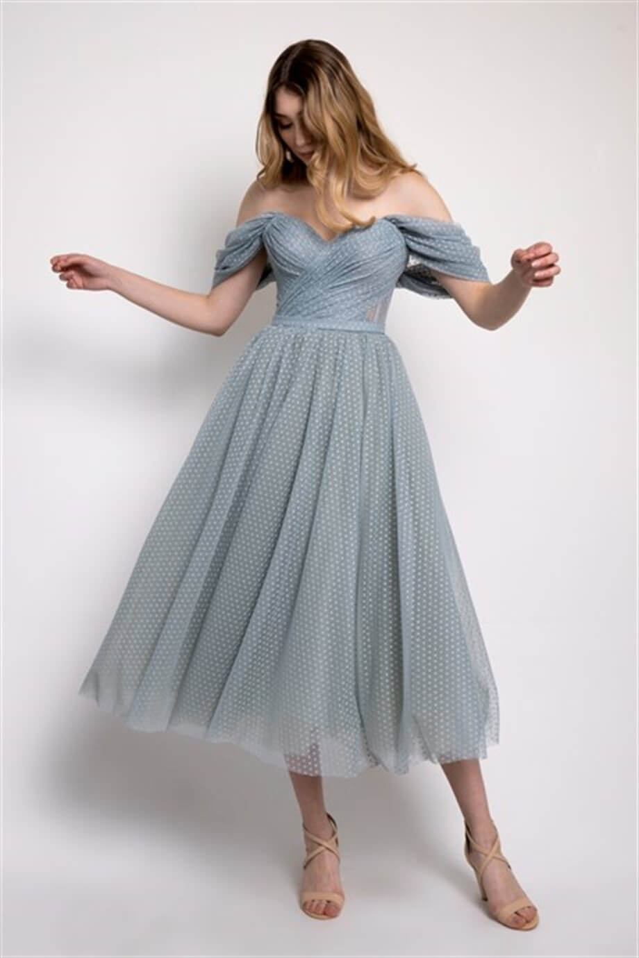 Water Green Color Polka Dot Midi Evening Dress