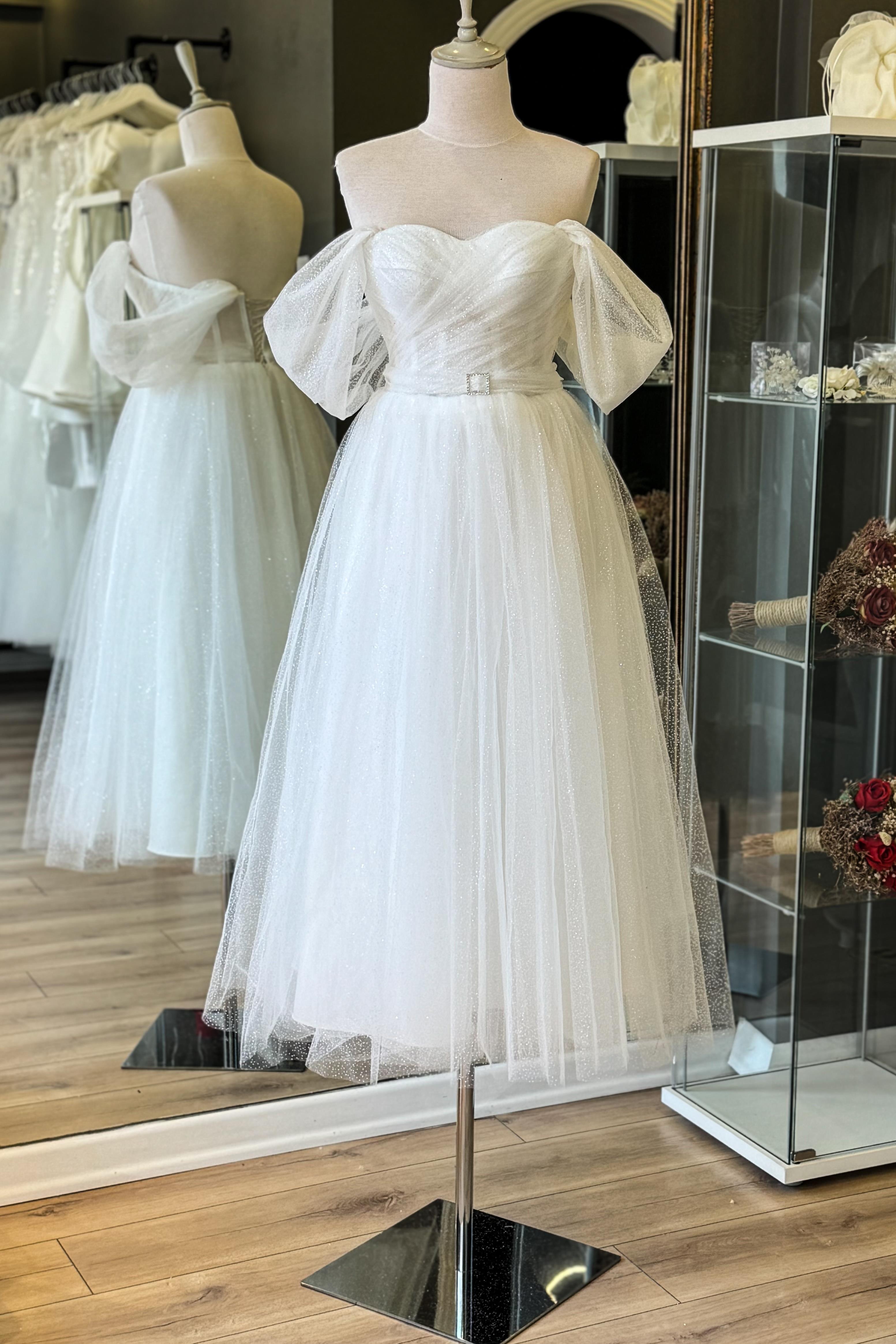 Beyaz Simli Drapeli Midi Boy Kemer Detaylı Transparan Abiye ve Gece Elbisesi