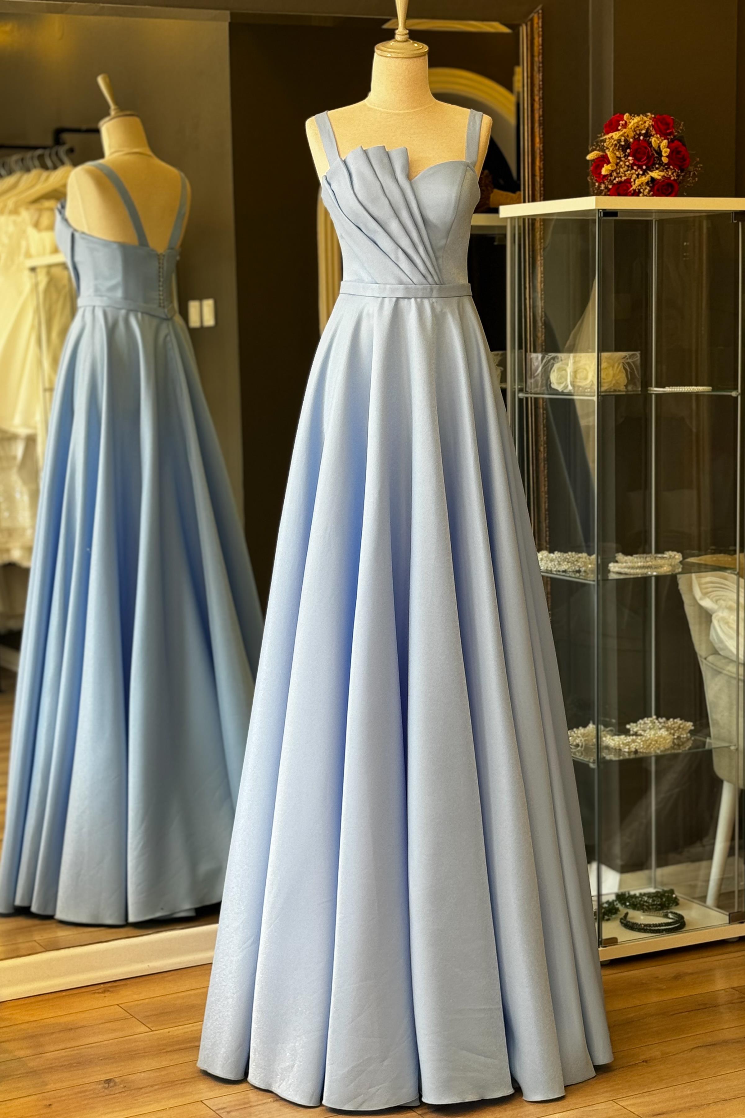 Buz Mavi Drape Detaylı Maxi Boy Saten Abiye ve Gece Elbisesi