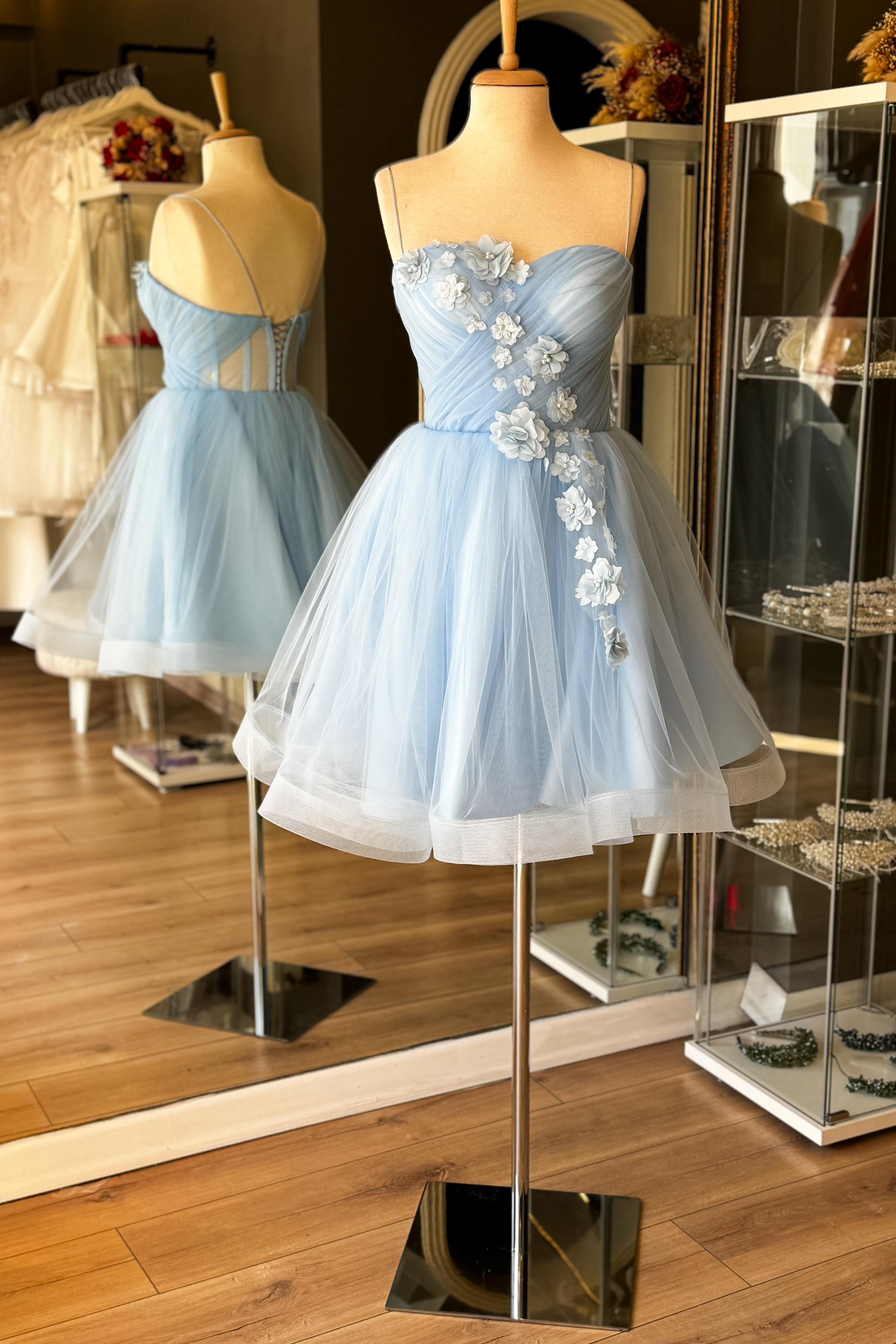 Buz Mavi Drapeli Üç Boyutlu Çiçekli Gren Etek Mini Gece ve Parti Elbisesi