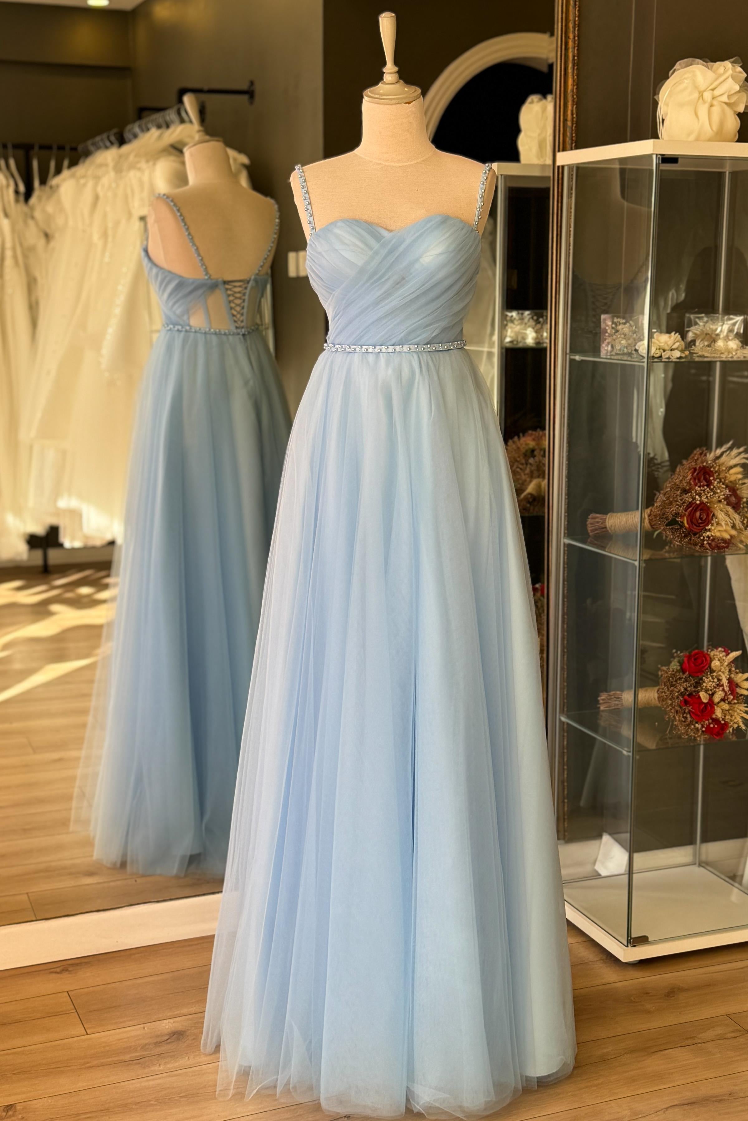 Buz Mavi Drapeli ve İnci Detaylı Tül Abiye ve Nikah Elbisesi
