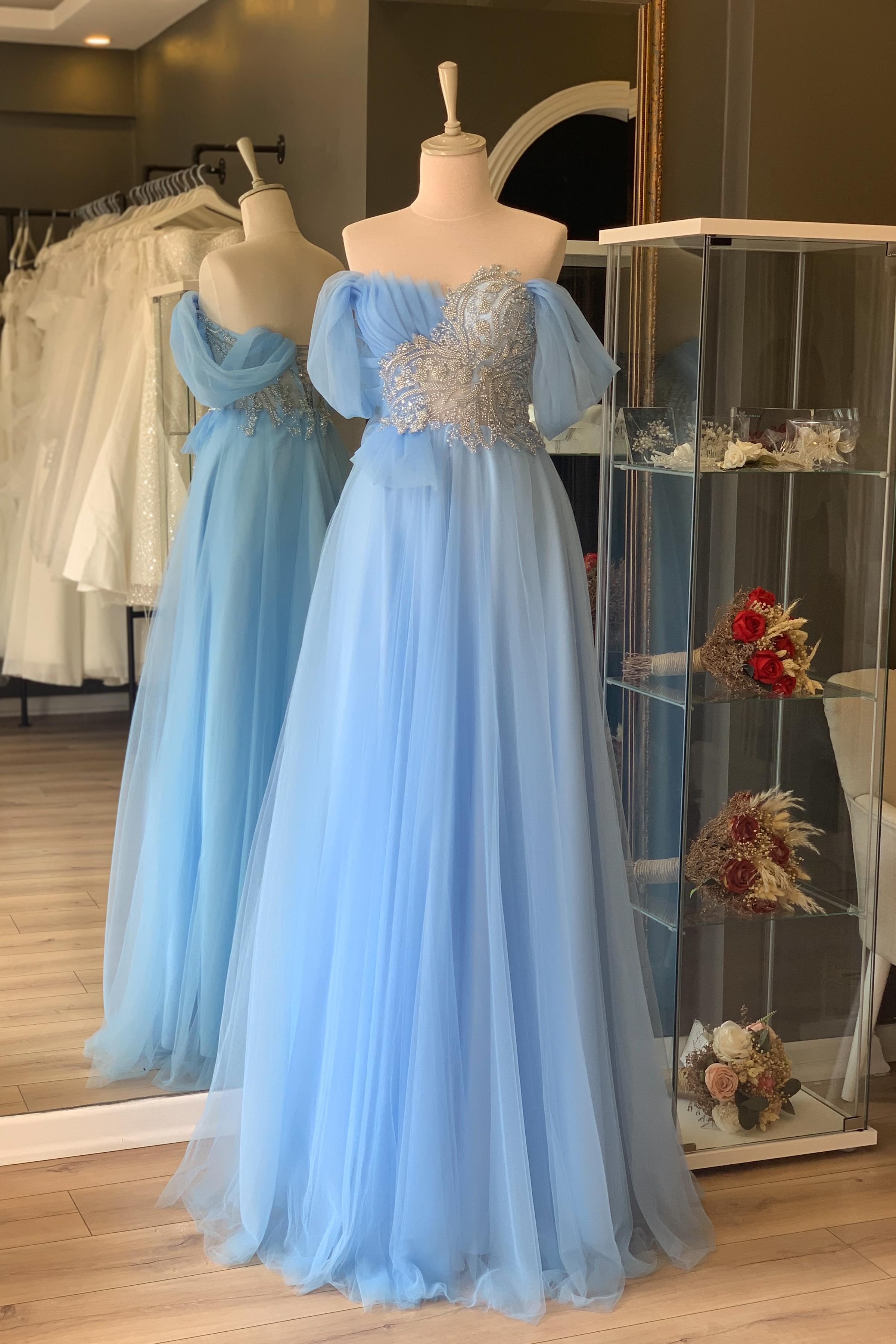 Buz Mavi Göğsü Drape Detaylı Abiye ve Gece Elbisesi