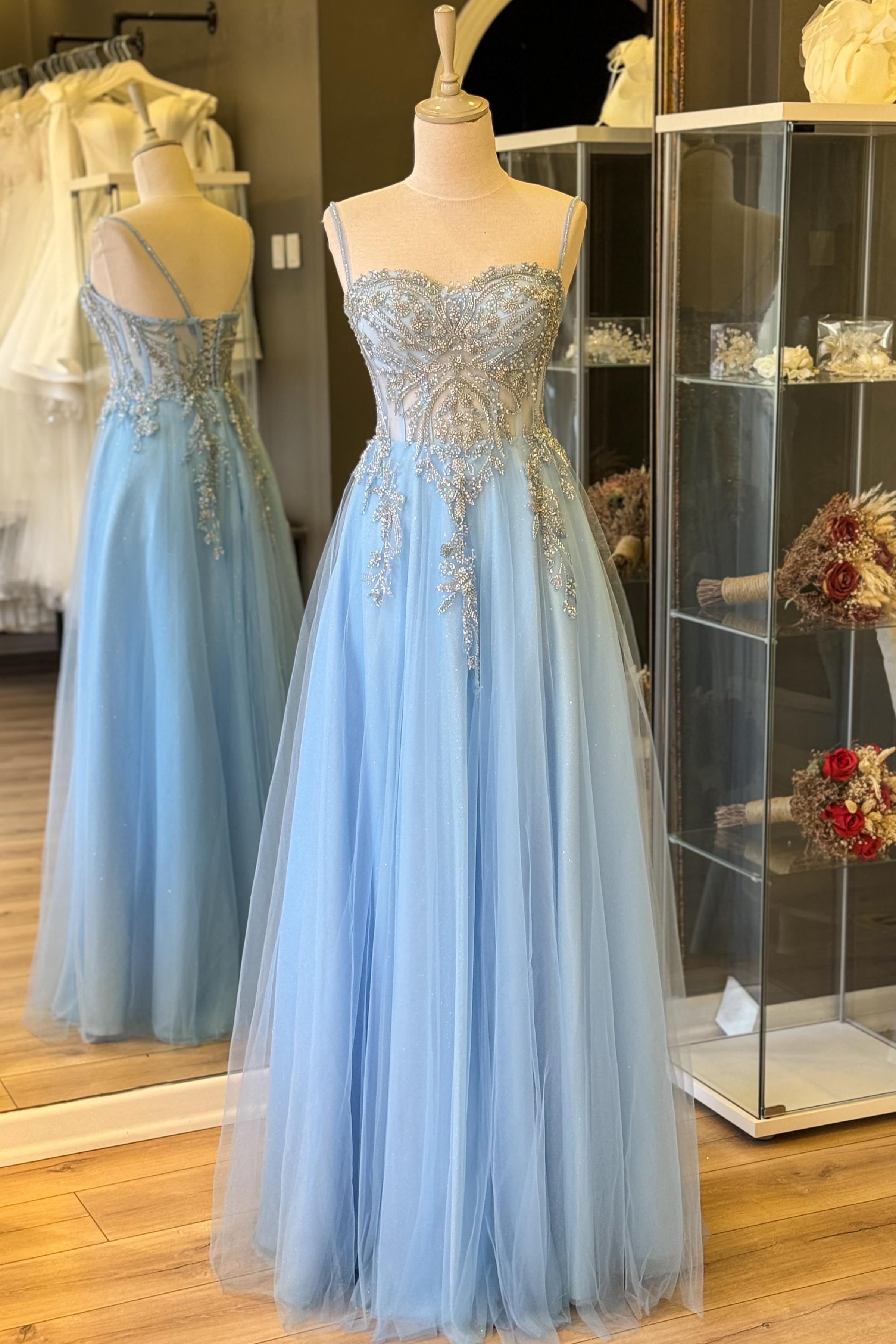 Buz Mavi Simli Dantel Kaplama Maxi Boy Abiye ve Nikah Elbisesi