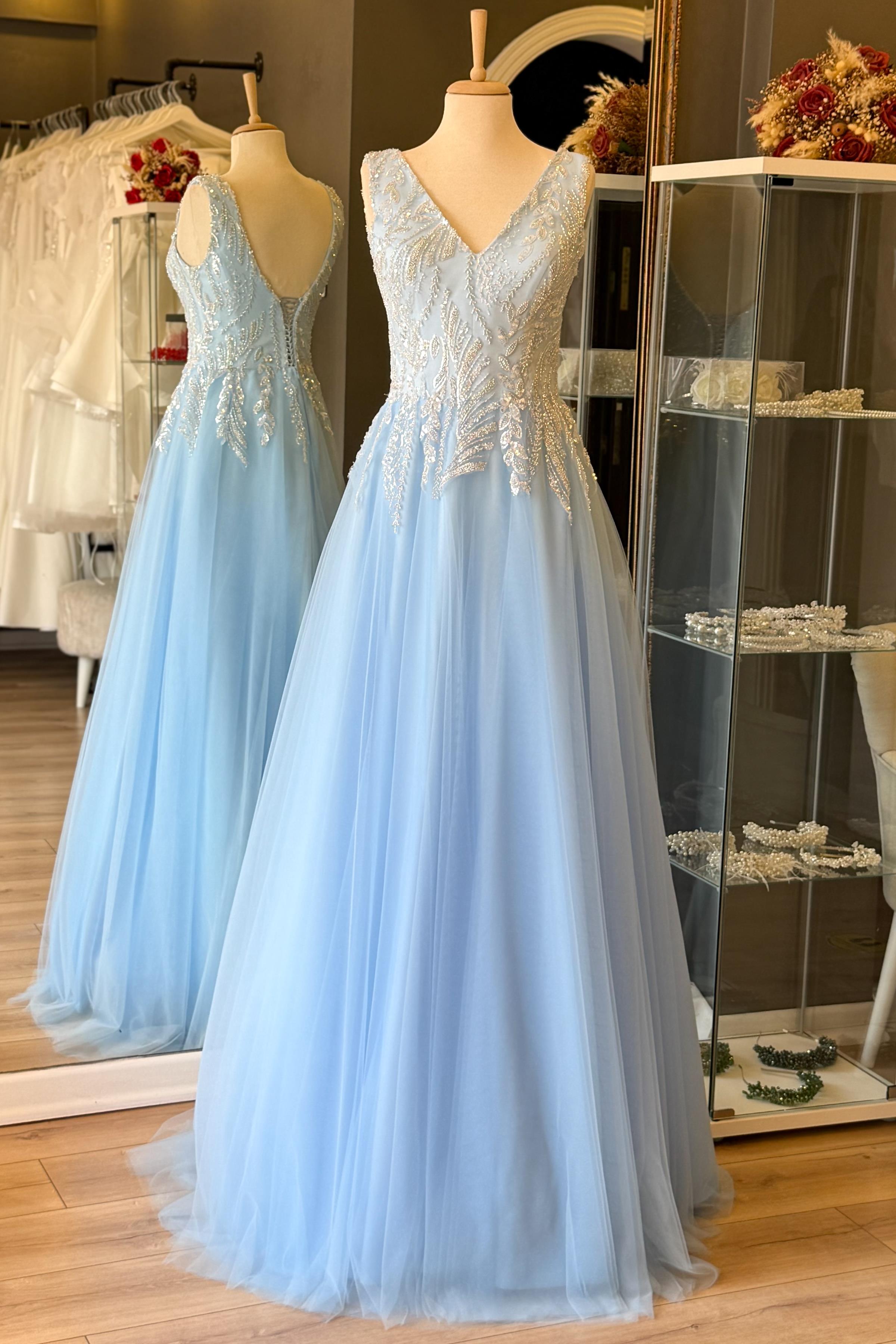 Buz Mavi V Yaka Yaprak Desen Dantel Detaylı Maxi Boy Abiye ve Nikah Elbisesi