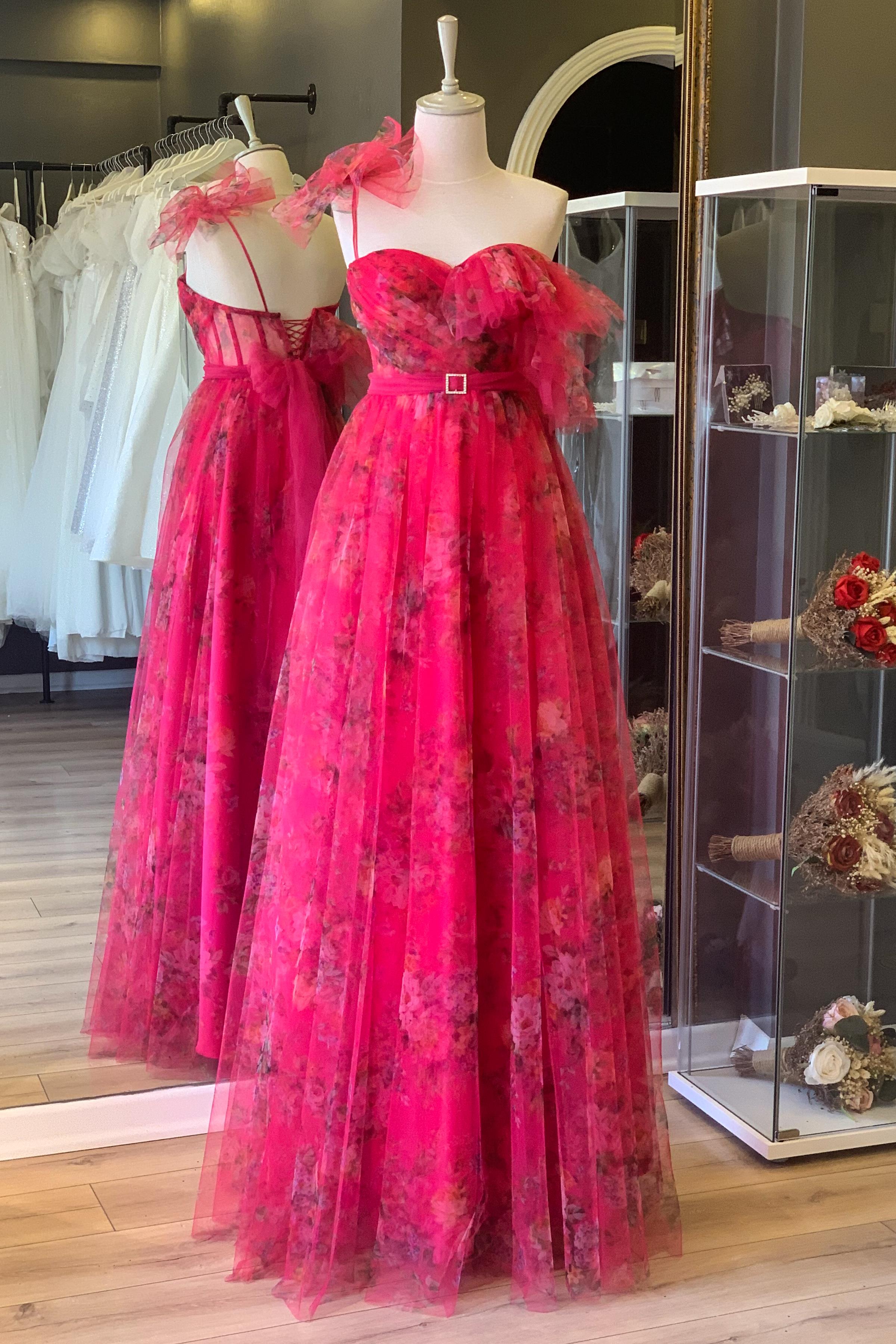 Fuşya Dantel Kaplı Üç Boyutlu Çiçek Detaylı Transparan Maxi Abiye ve Gece Elbisesi