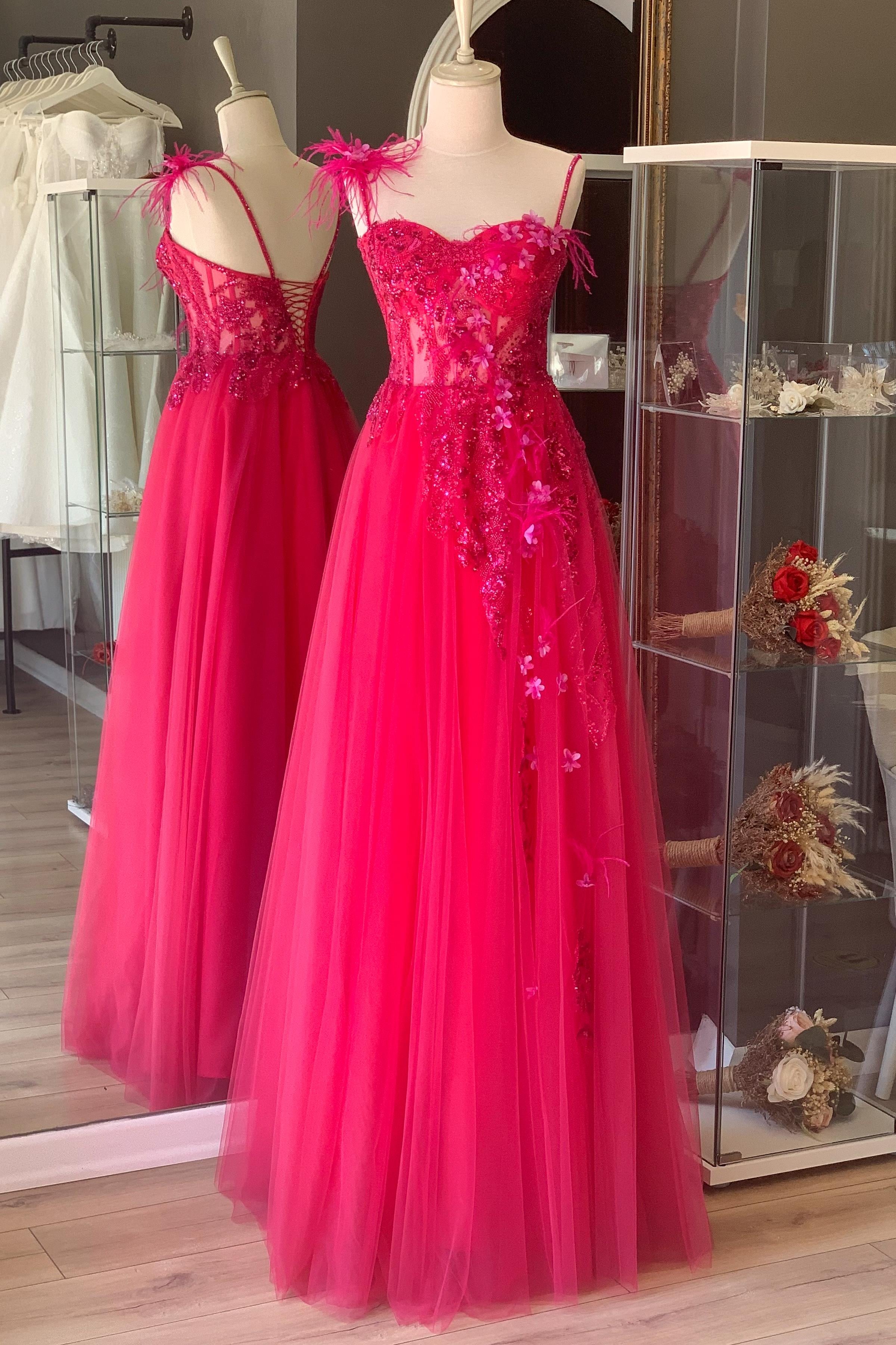 Fuşya Dantel Kaplı ve Üç boyutlu Çiçek Detaylı Transparan Maxi Abiye ve Gece Elbisesi