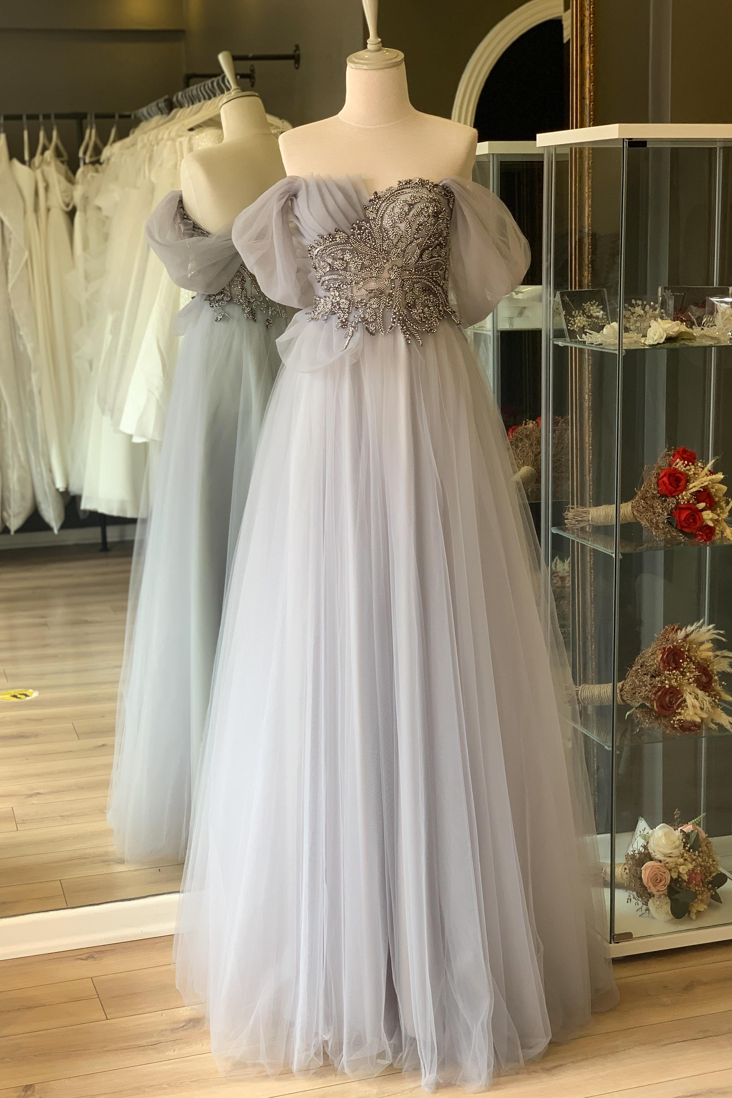 Gri Göğsü Drape Detaylı Abiye ve Gece Elbisesi