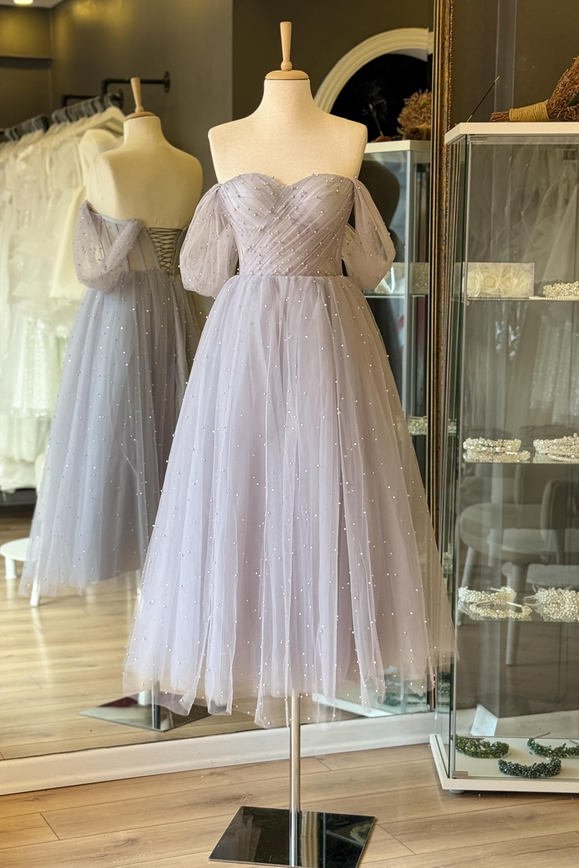 Gri İnci ve Işıldayan Taşlı Midi Boy Drapeli Transparan Abiye ve Gece Elbisesi